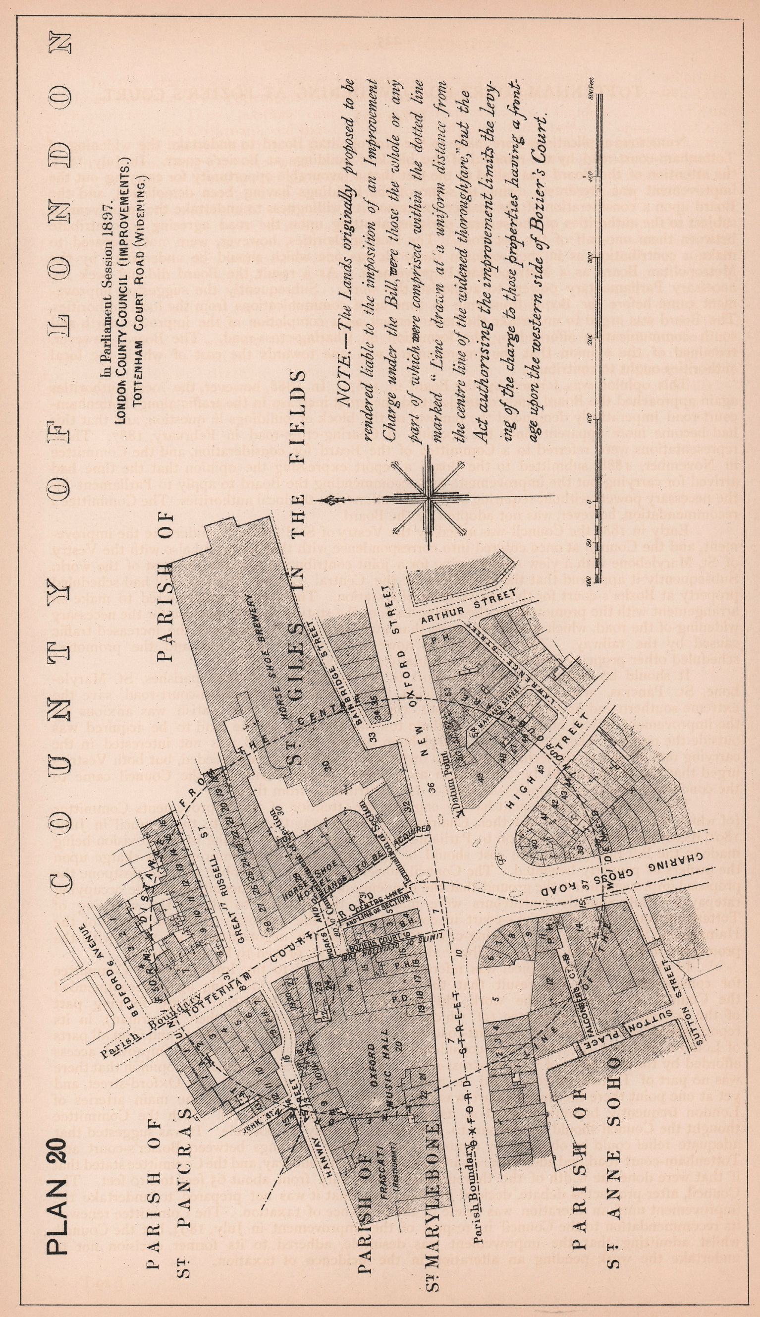 1897 Tottenham Court Road widening. Charing Cross Road. Oxford Street 1898 map