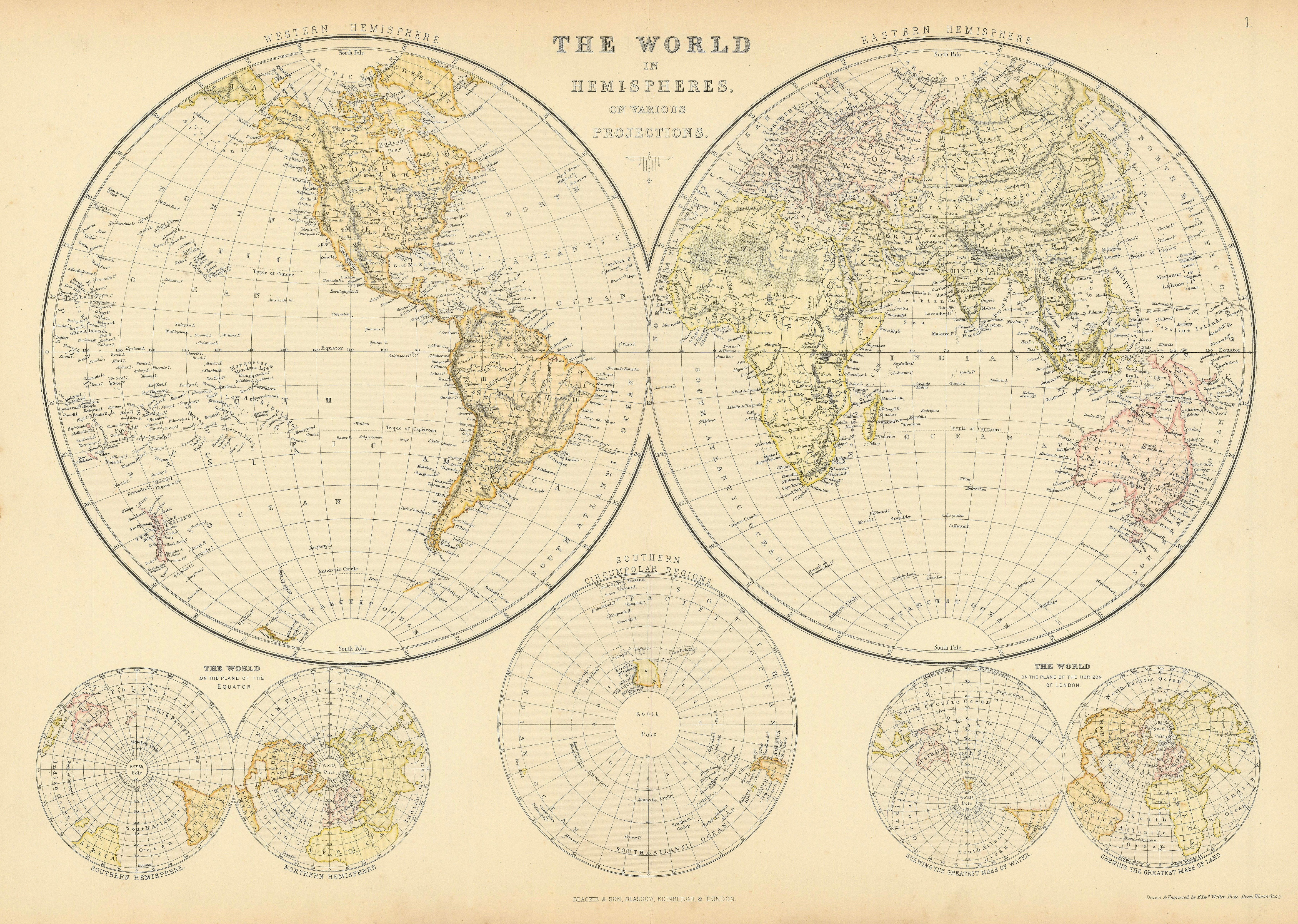 Associate Product WORLD IN HEMISPHERES. Equatorial Antarctic London planes. BLACKIE 1886 old map