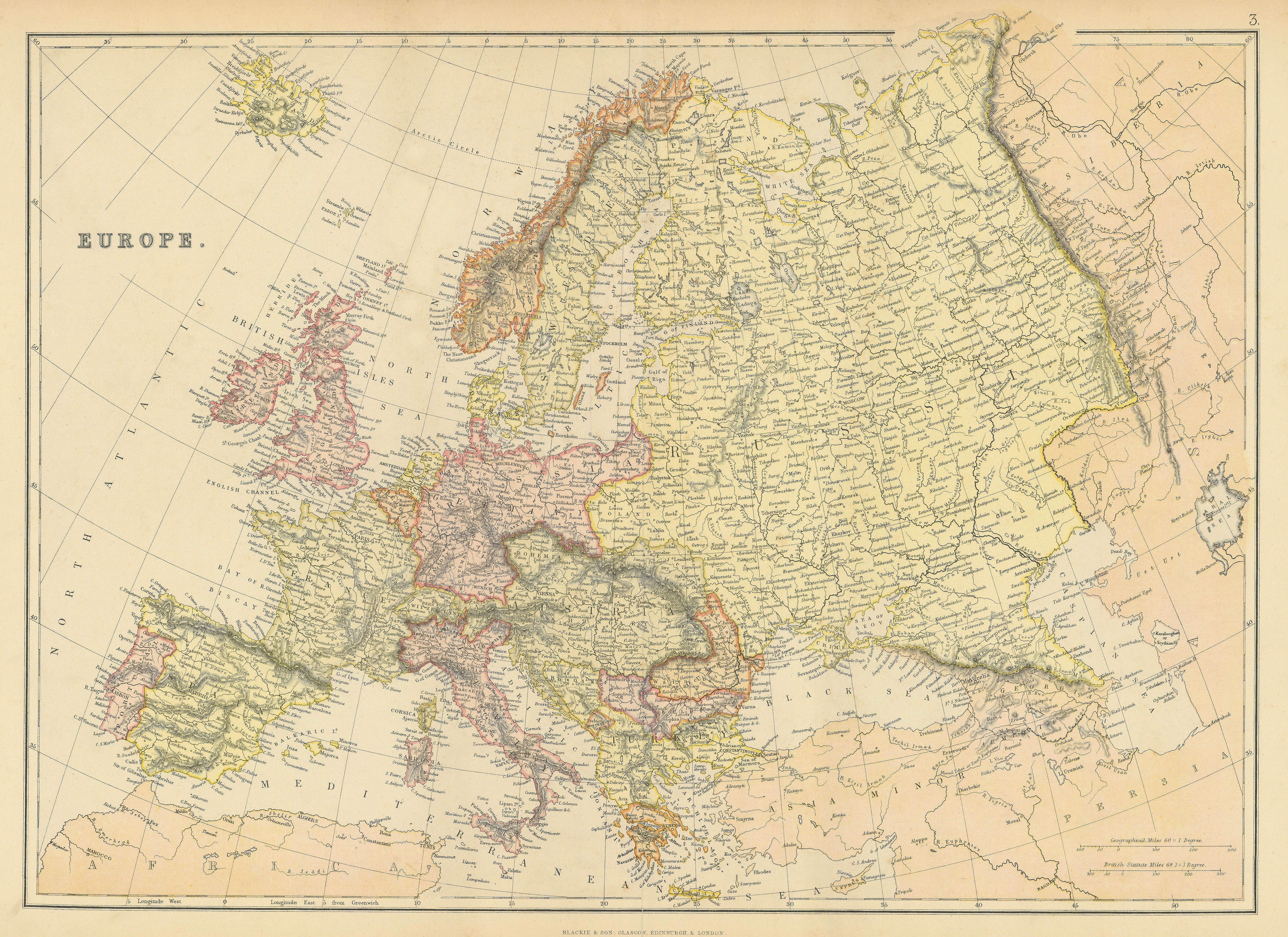 Associate Product EUROPE POLITICAL. Russia excludes Georgia. BLACKIE 1886 old antique map chart