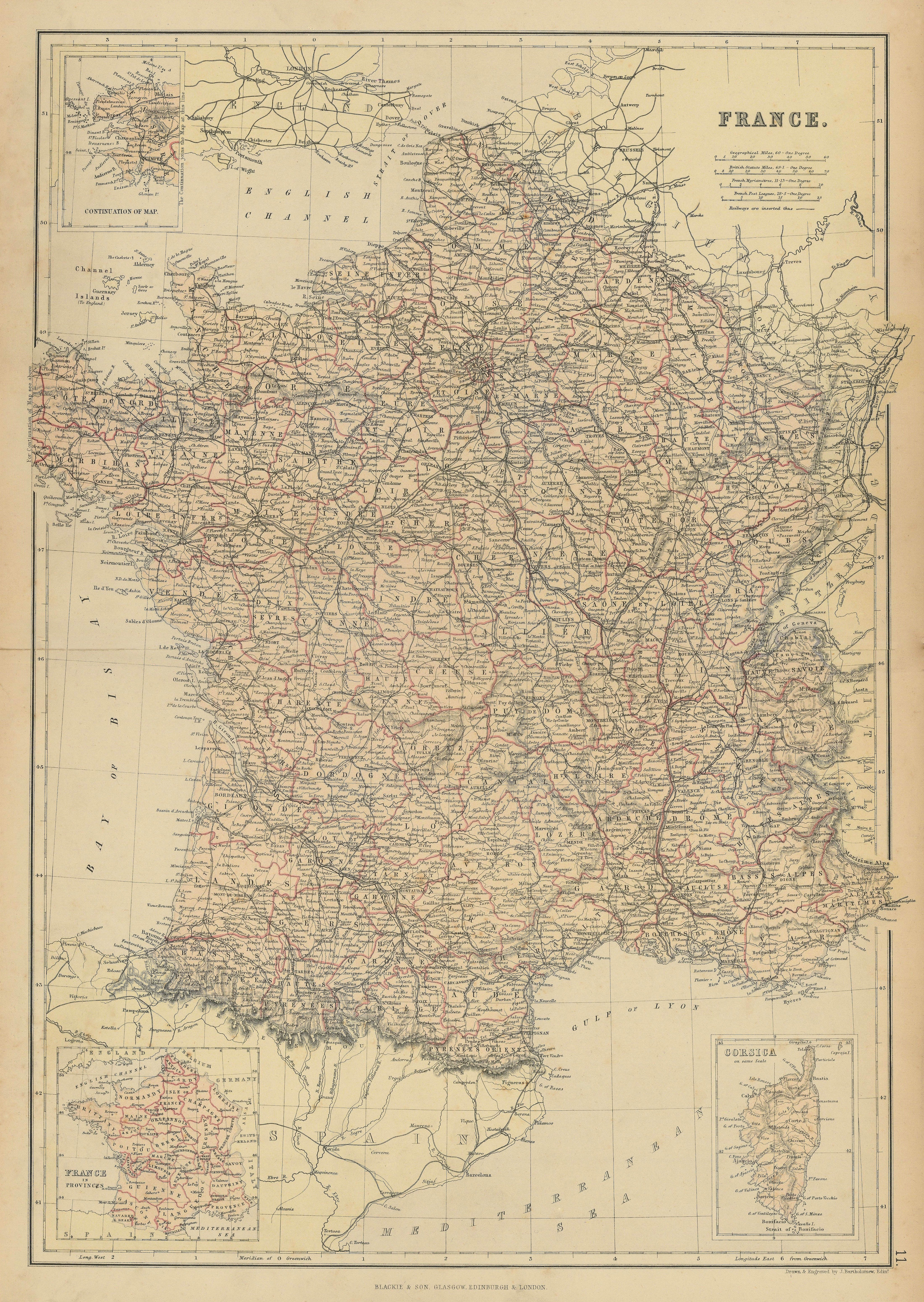 Associate Product FRANCE. Departements. Railways. Inset in Provinces. BLACKIE 1886 old map