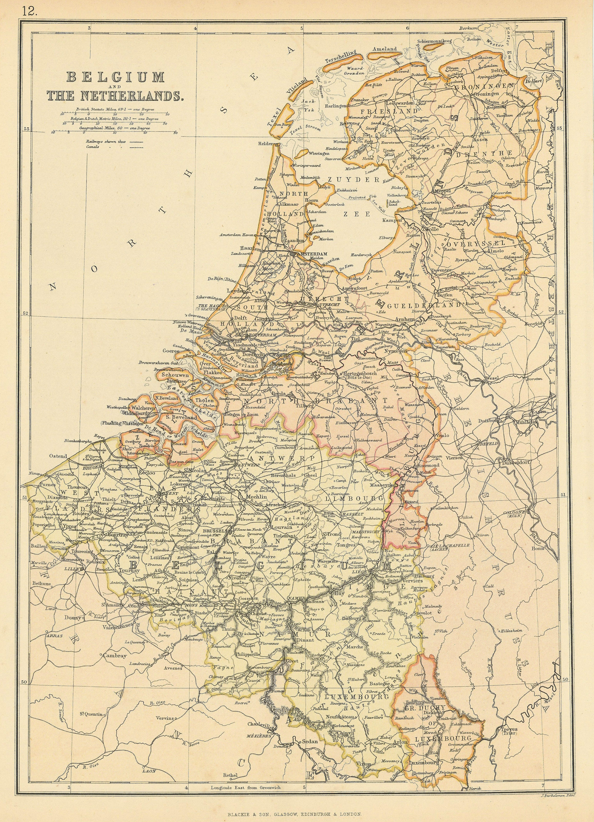BELGIUM & NETHERLANDS. Railways. canals. Scale in Belgian/Dutch miles 1886 map