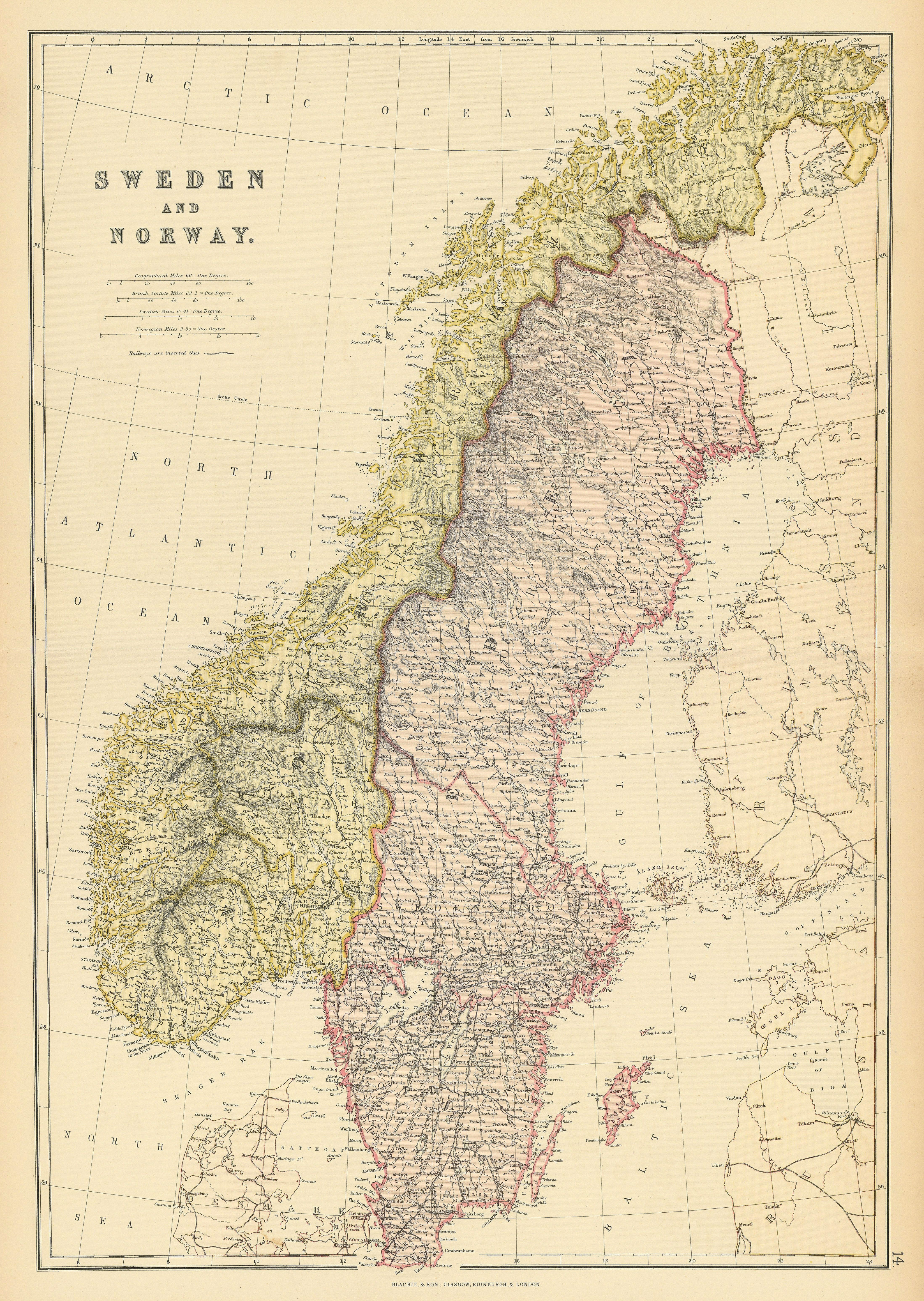 Associate Product SCANDINAVIA. Sweden Norway.Railways.Scale in Swedish & Norwegian miles 1886 map