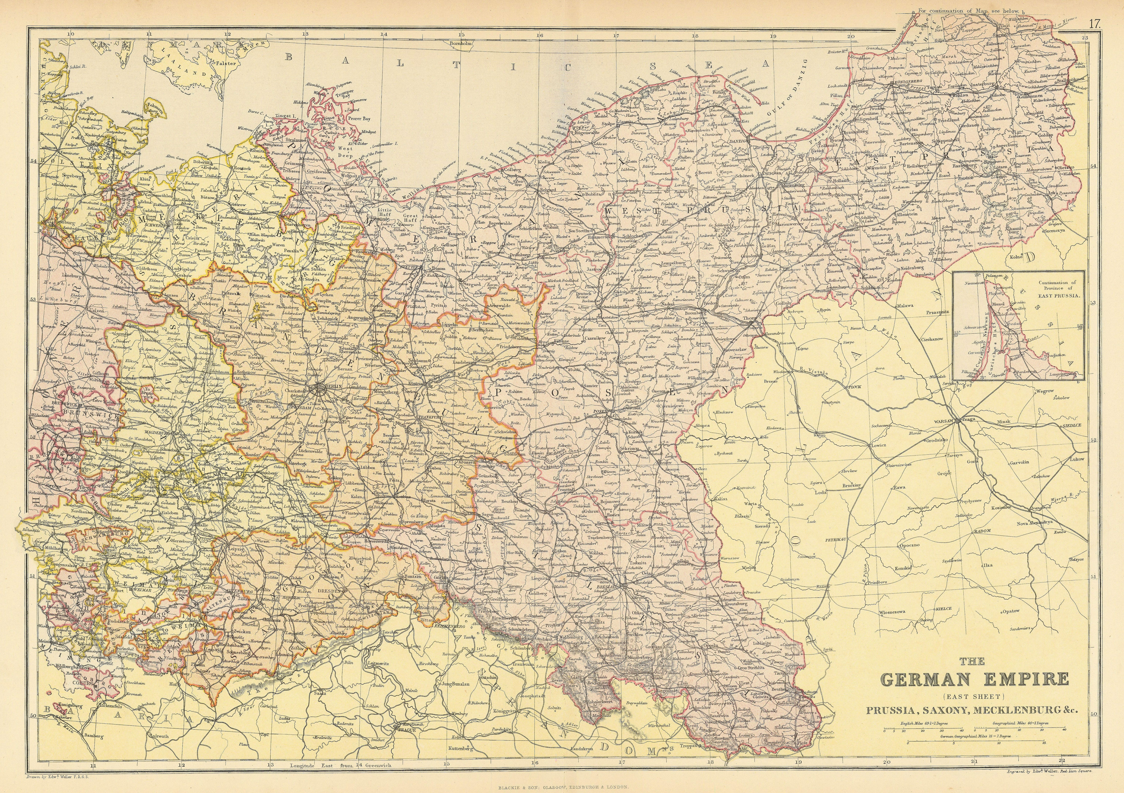 Associate Product GERMAN EMPIRE EAST. Prussia Saxony Mecklenburg.Poland.Railways. BLACKIE 1886 map