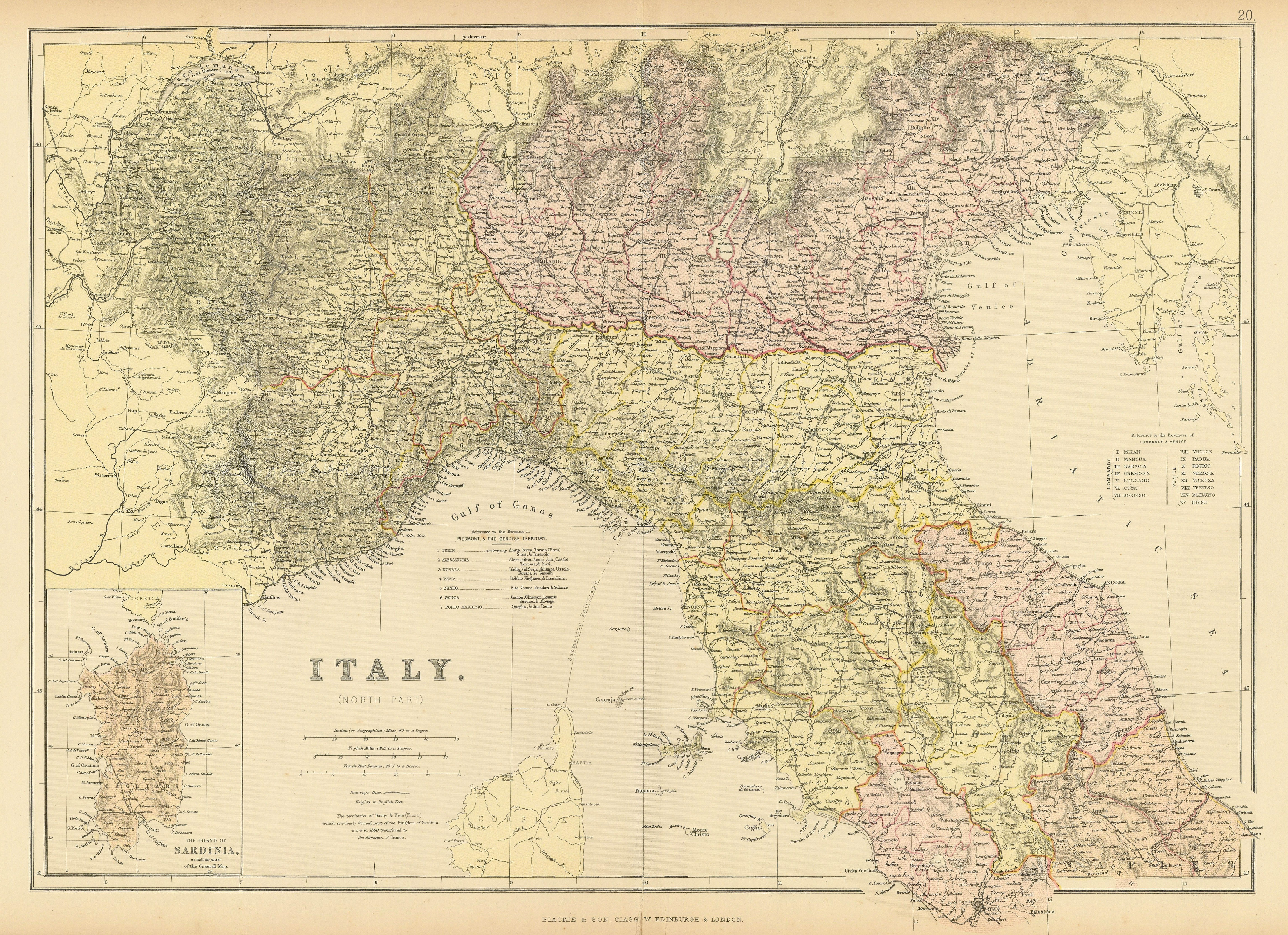 Associate Product ITALY NORTH. Showing provinces & railways. BLACKIE 1886 old antique map chart