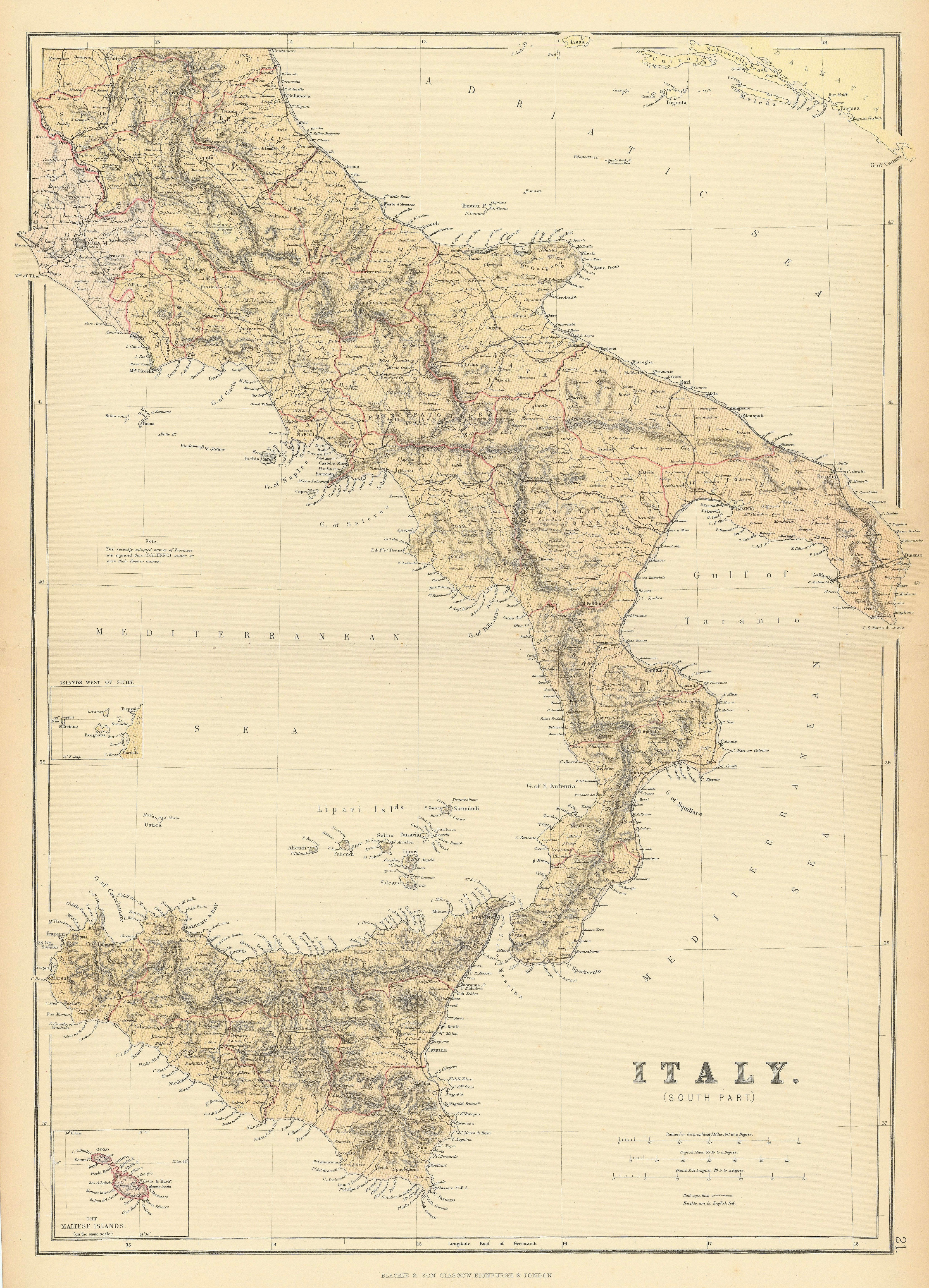 Associate Product ITALY SOUTH. showing new/old province names & railways. BLACKIE 1886 map