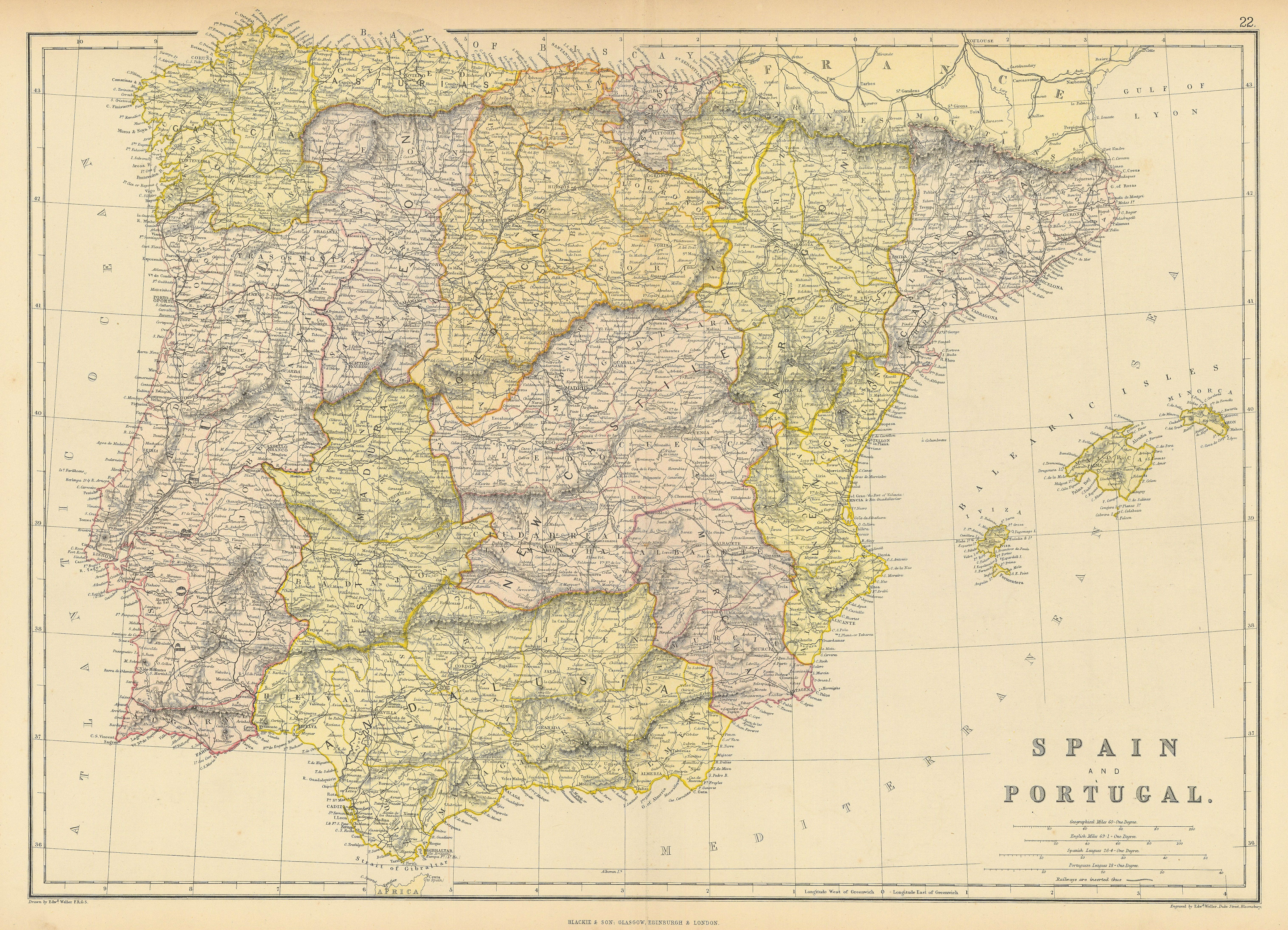 Associate Product IBERIA. Spain Portugal Provinces.Scale in Spanish & Portuguese leagues 1886 map