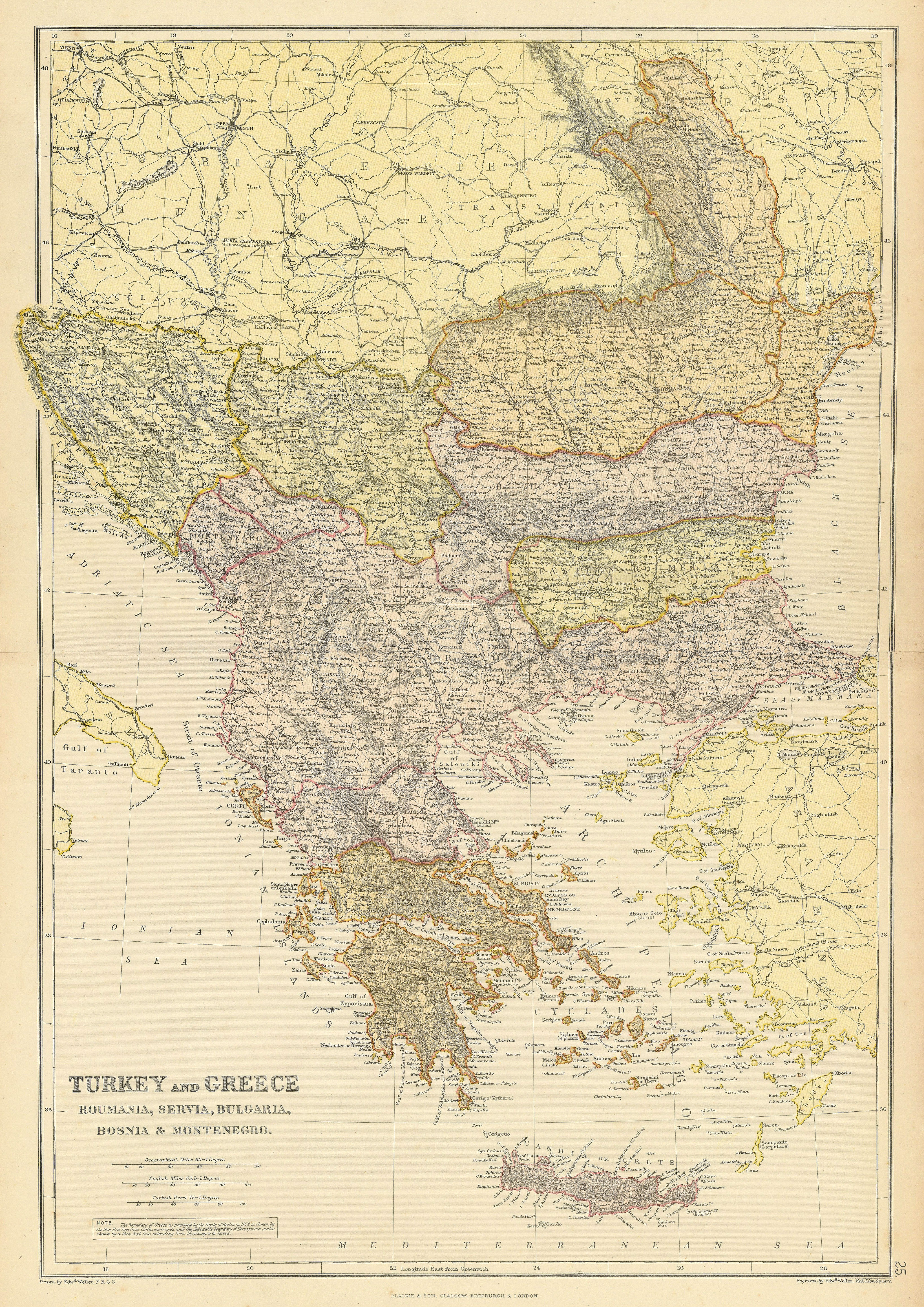 Associate Product BALKANS.Turkey Greece.Roumelia Bulgaria Wallachia Servia Bulgaria 1886 old map