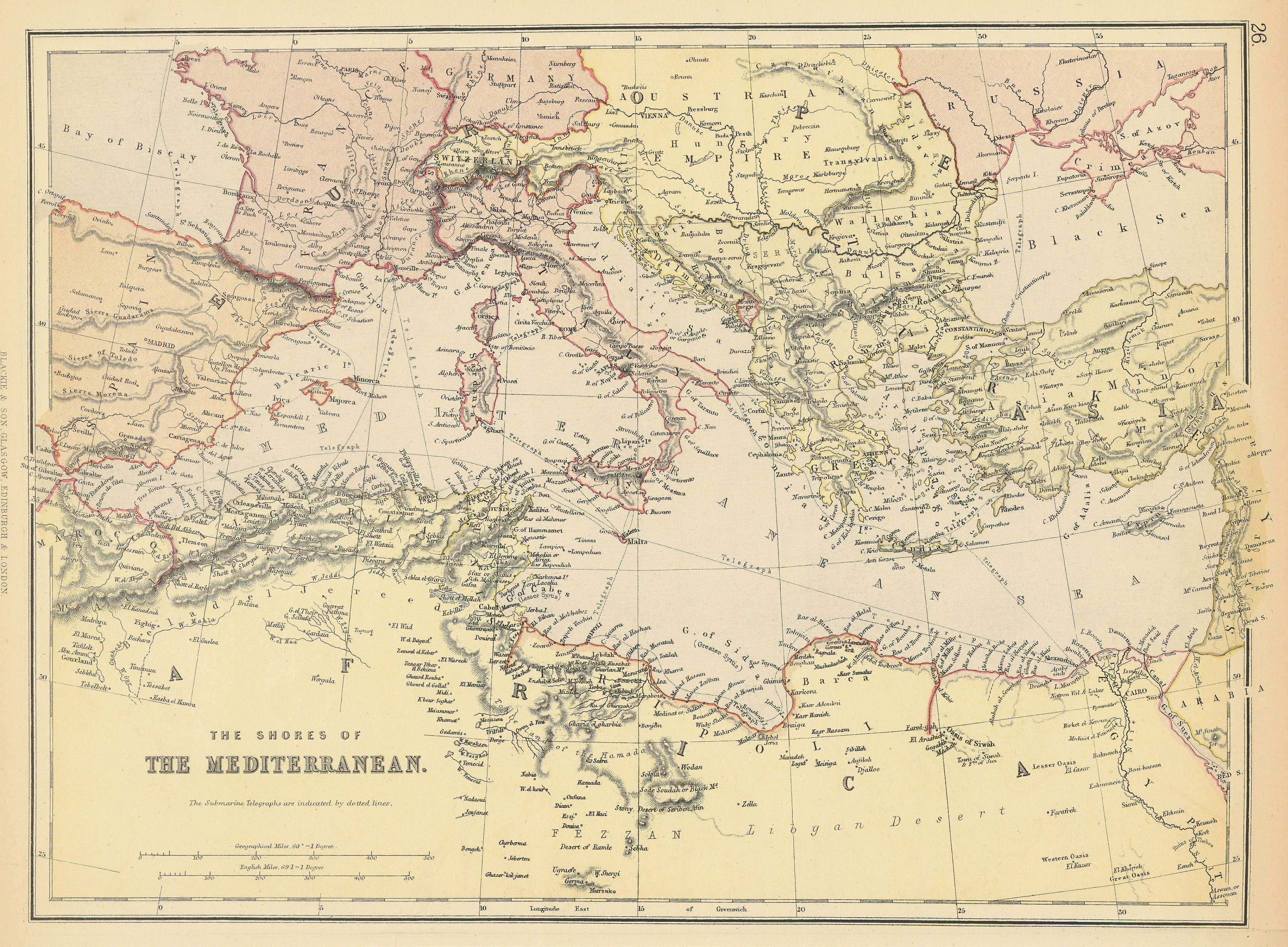 Associate Product MEDITERRANEAN. Showing Telegraph cables. BLACKIE 1886 old antique map chart