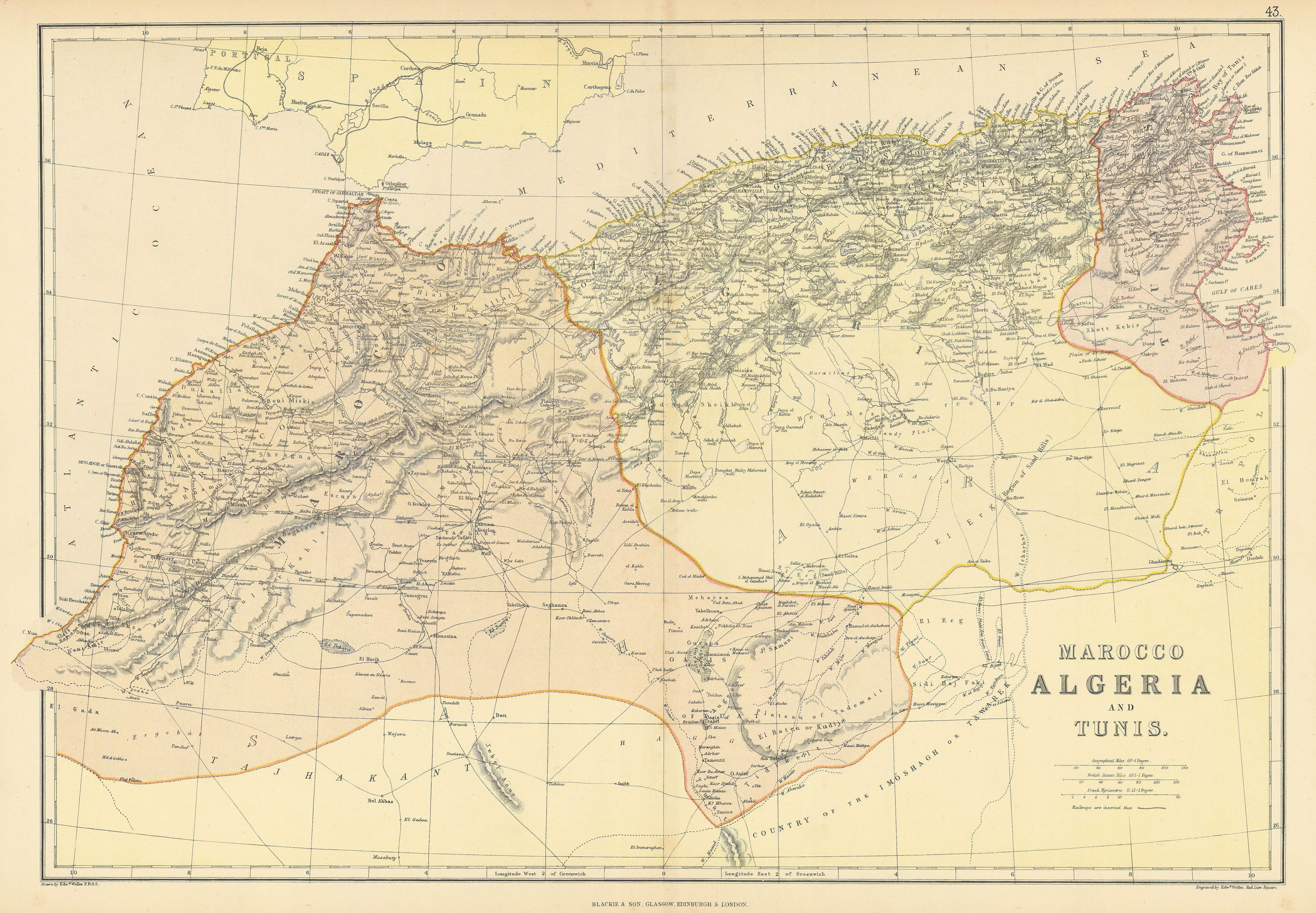 Associate Product MAGHREB. North Africa. Marocco Algeria and Tunis. BLACKIE 1886 old antique map