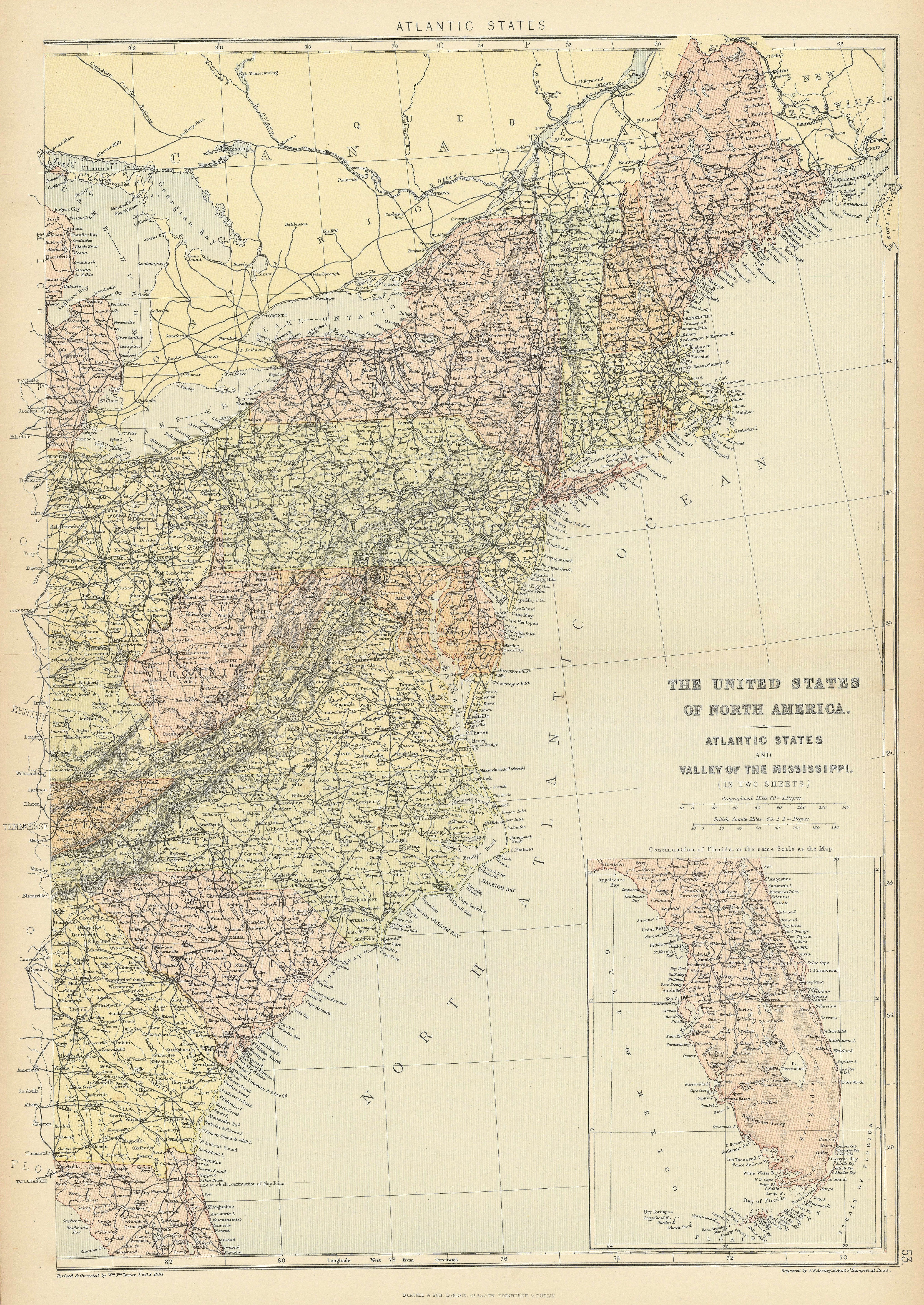 Associate Product ATLANTIC STATES. New England Appalachians Carolinas Florida. Railroads 1886 map