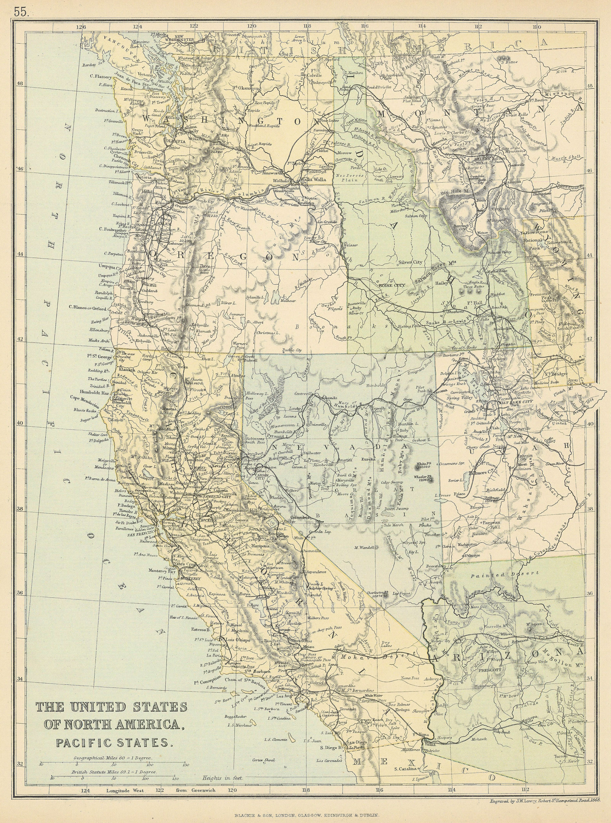 USA PACIFIC STATES. California Oregon Washington Idaho Nevada.Railroads 1886 map