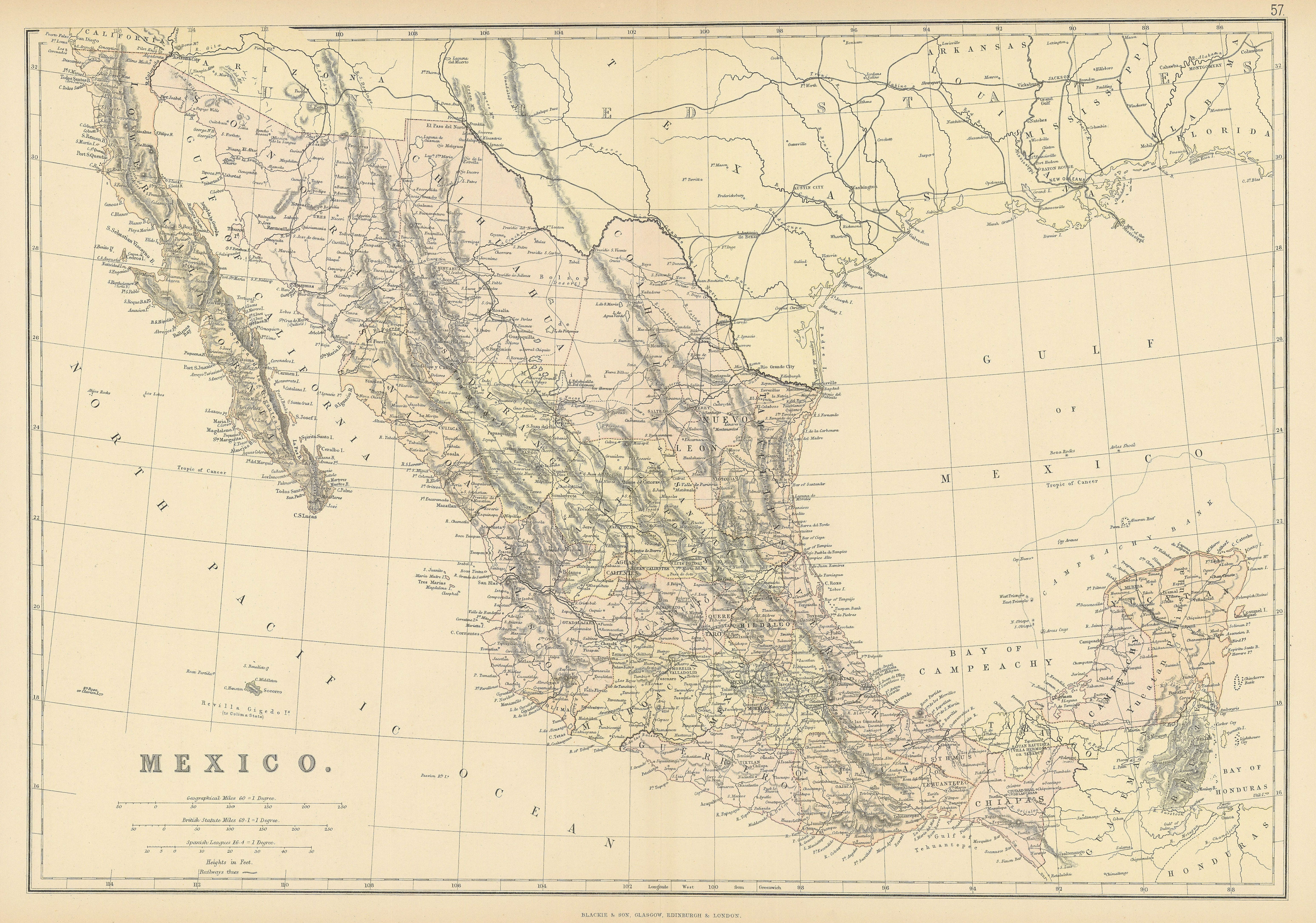 Associate Product MEXICO. Showing states. Scale in Spanish Leagues. BLACKIE 1886 old antique map