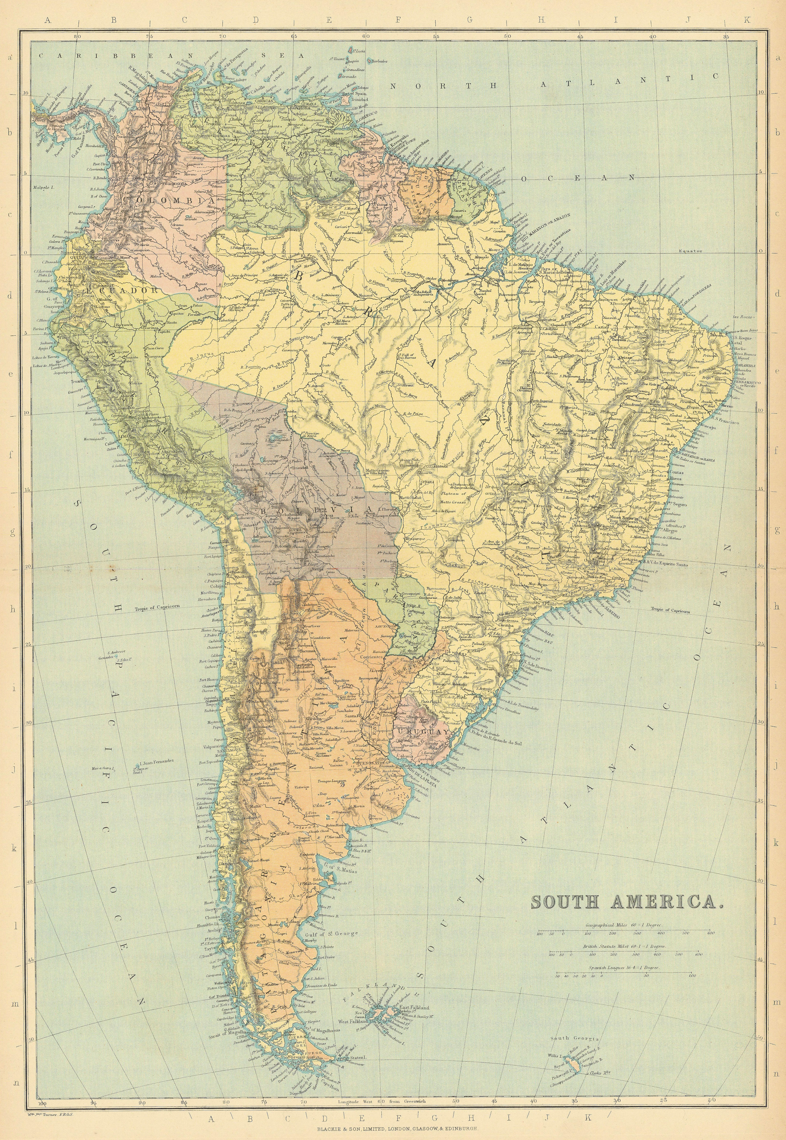 S AMERICA. Patagonia La Plata.Bolivia with Litoral.New Granada/Colombia 1886 map