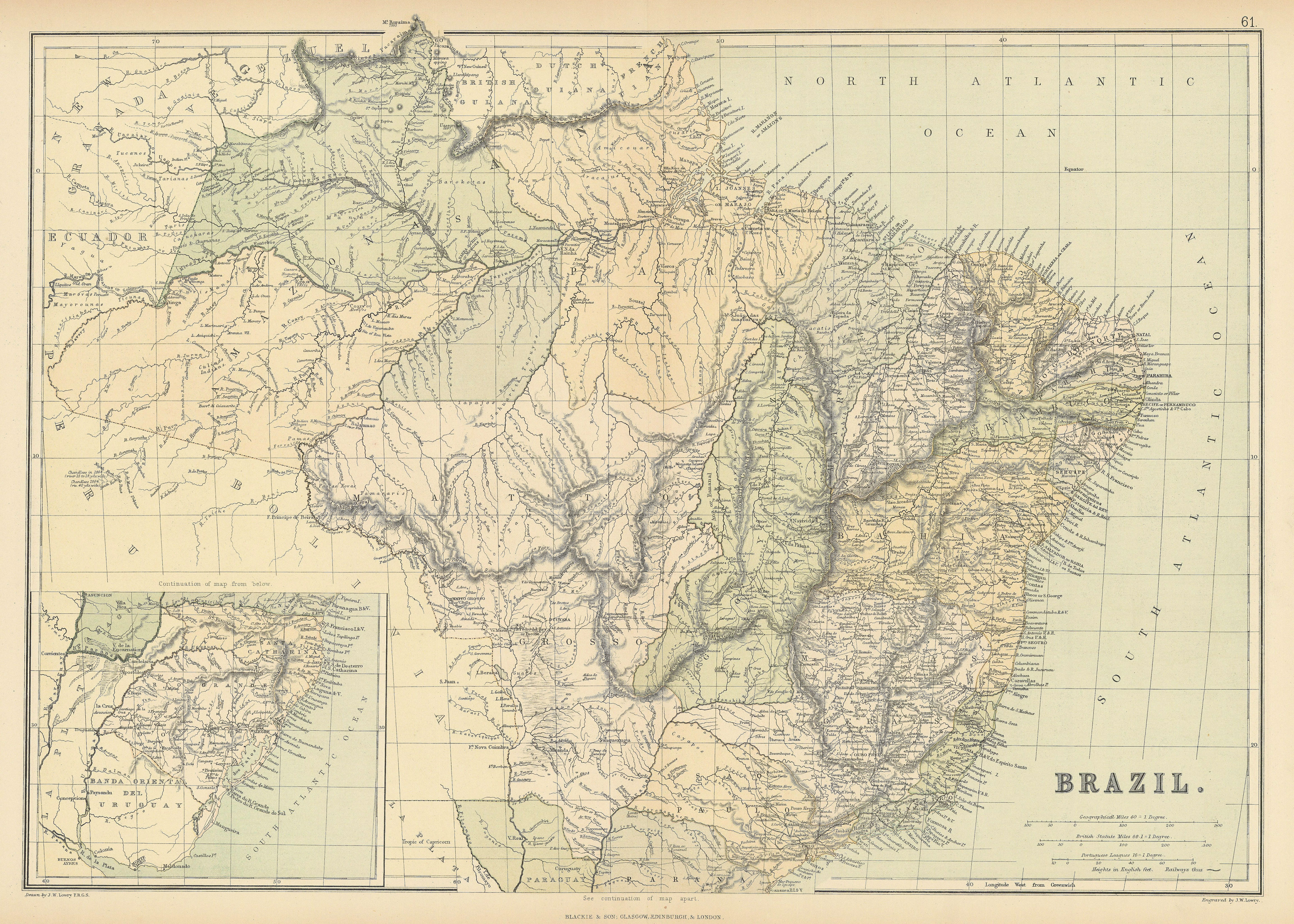 BRAZIL. showing states & railways. Scale in Portuguese Leagues. BLACKIE 1886 map