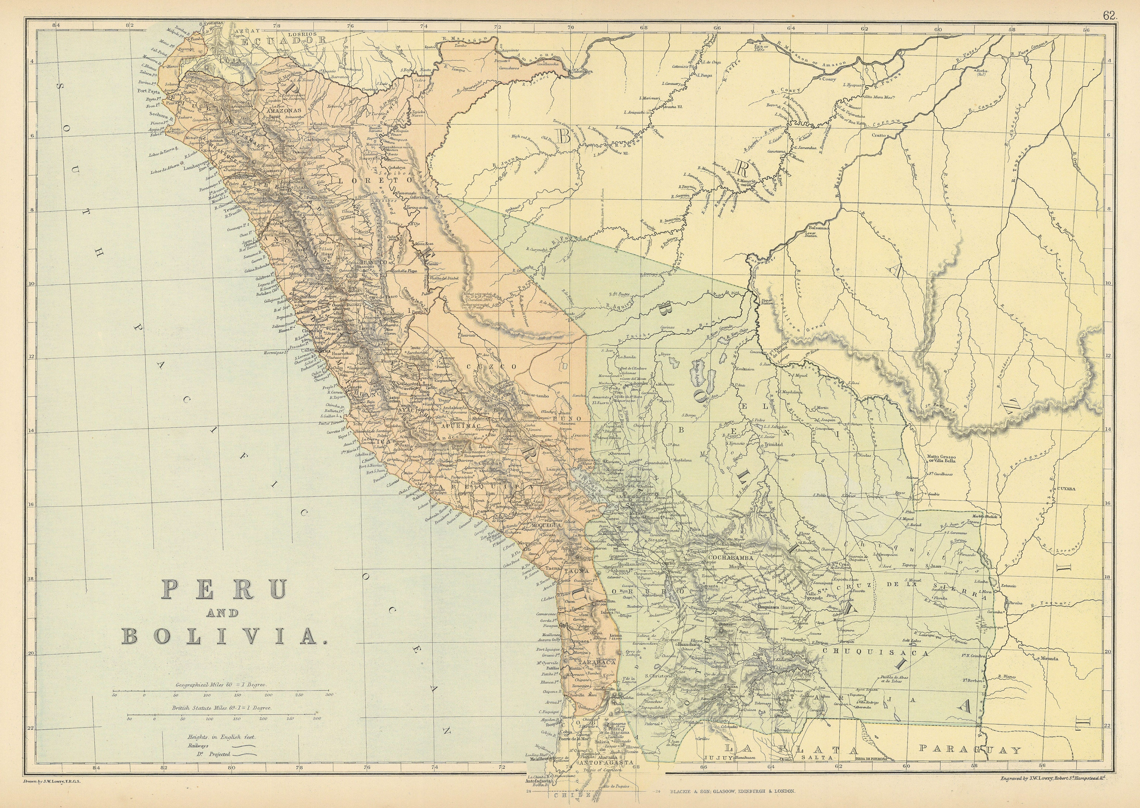 Associate Product PERU & BOLIVIA W/LITORAL. < Pacific War borders.Planned La Paz railway 1886 map