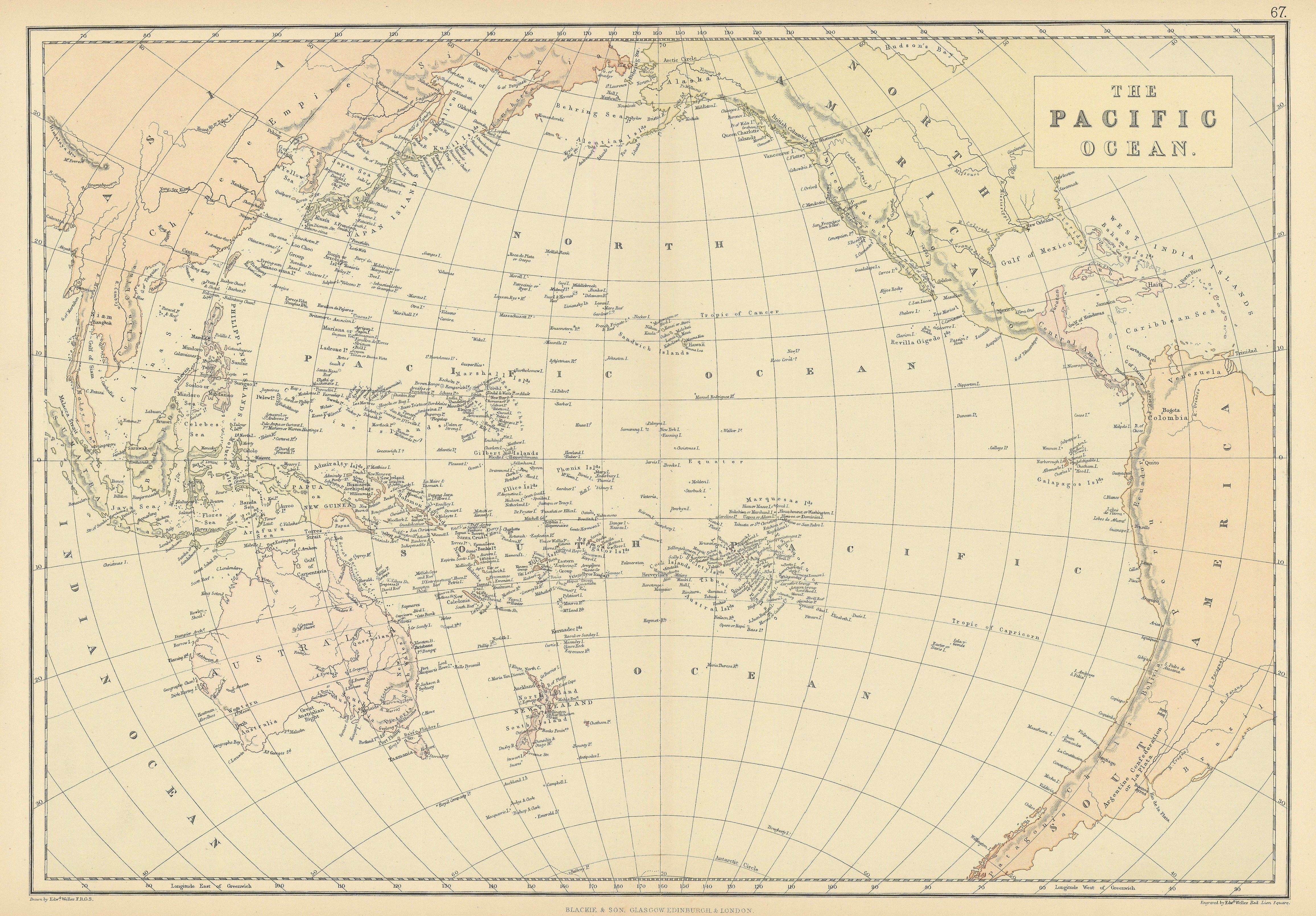 Associate Product PACIFIC OCEAN. Australia New Zealand E.Indies Polynesia Melanesia Japan 1886 map