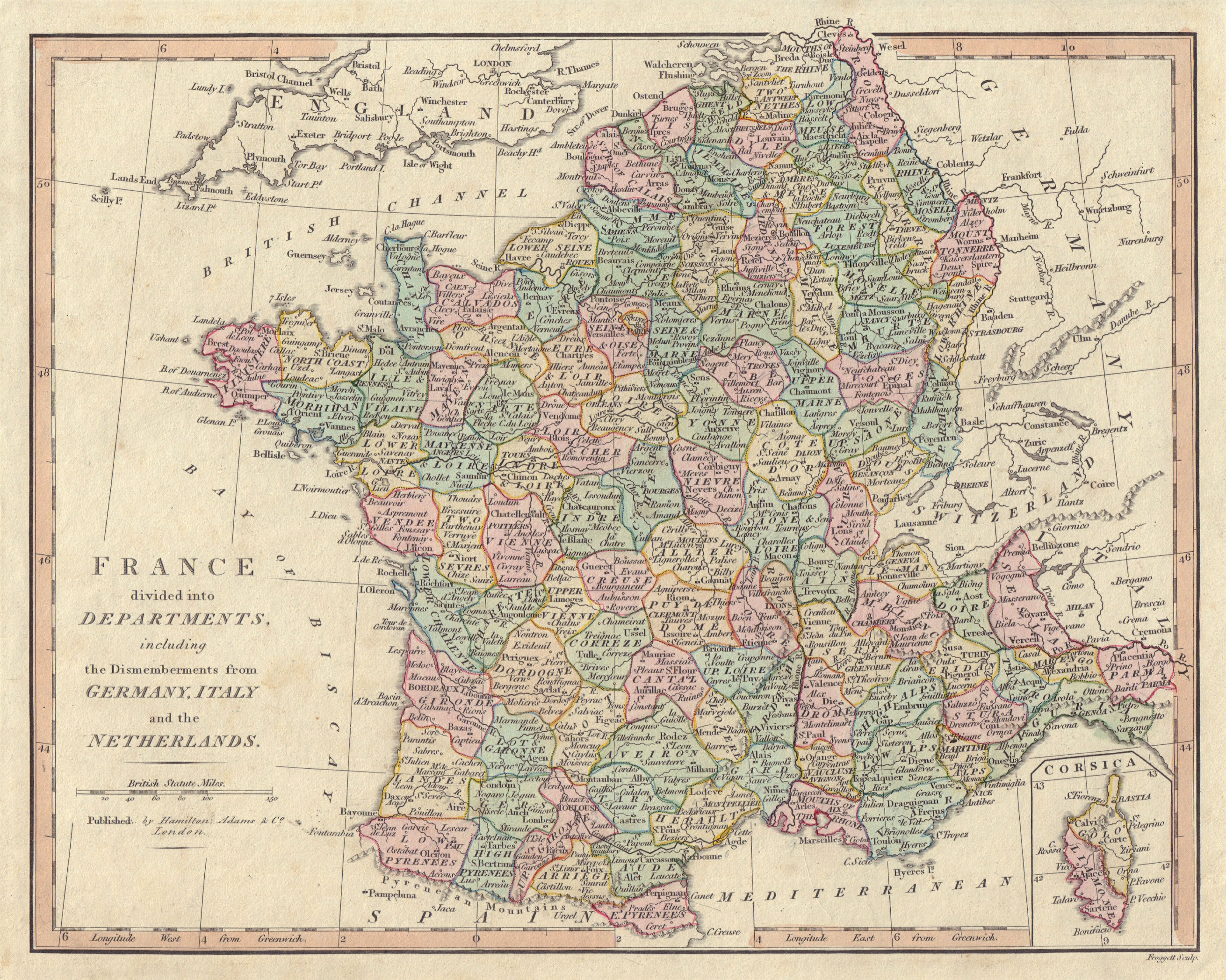 France divided into Departments including the dismemberments… WILKINSON 1828 map