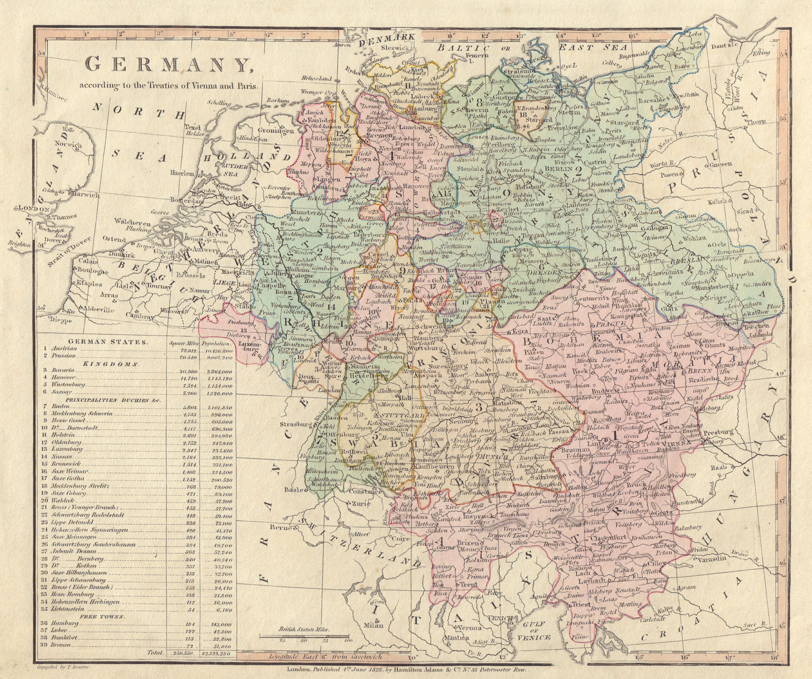 Germany according to the Treaties of Vienna and Paris. WILKINSON 1828 old map