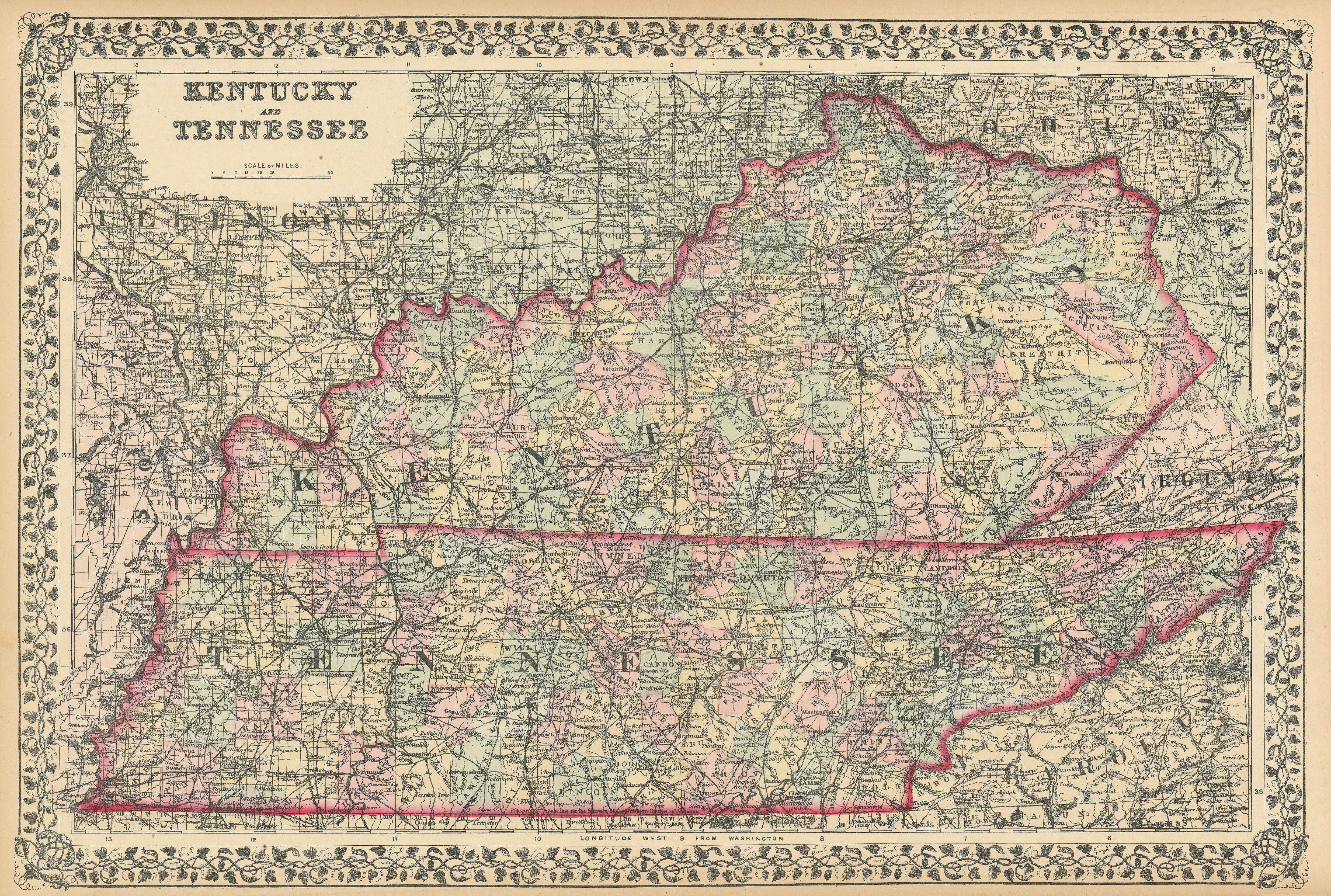 Associate Product Kentucky and Tennessee by S. Augustus Mitchell 1875 old antique map plan chart