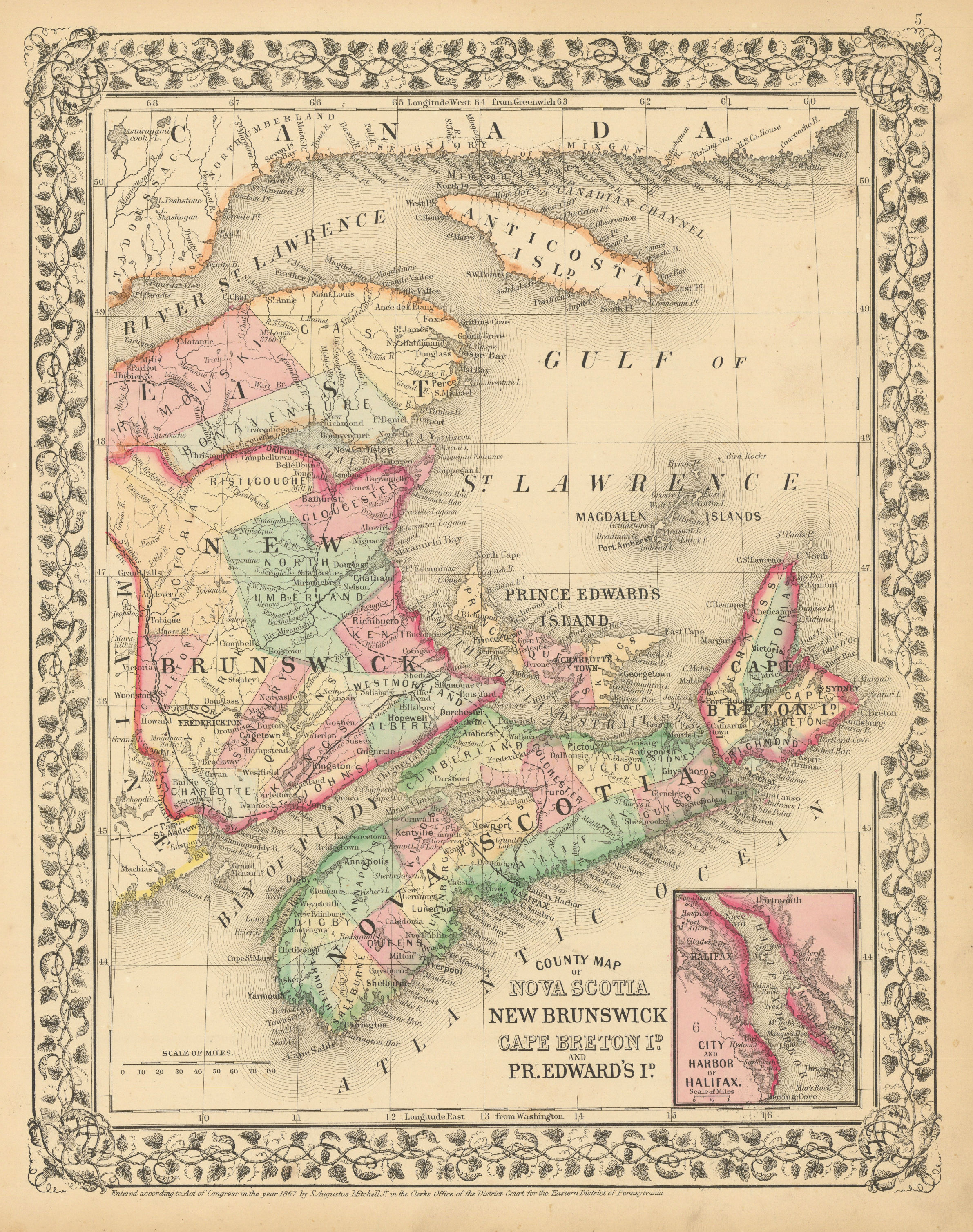 Associate Product Nova Scotia, New Brunswick, Cape Breton Island & PEI. Canada. MITCHELL 1869 map