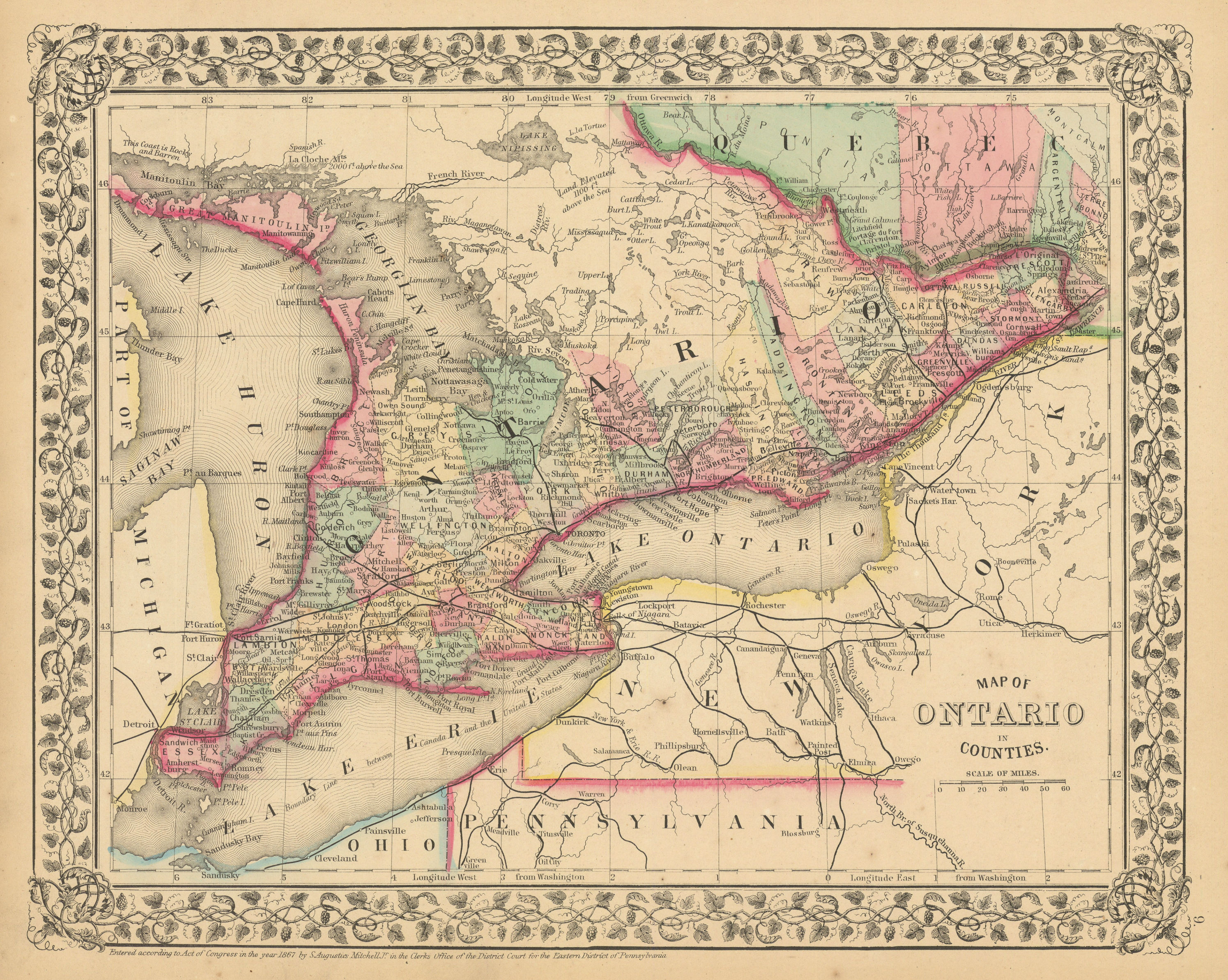 Ontario in Counties by Samuel Augustus Mitchell. Great Lakes. Canada 1869 map