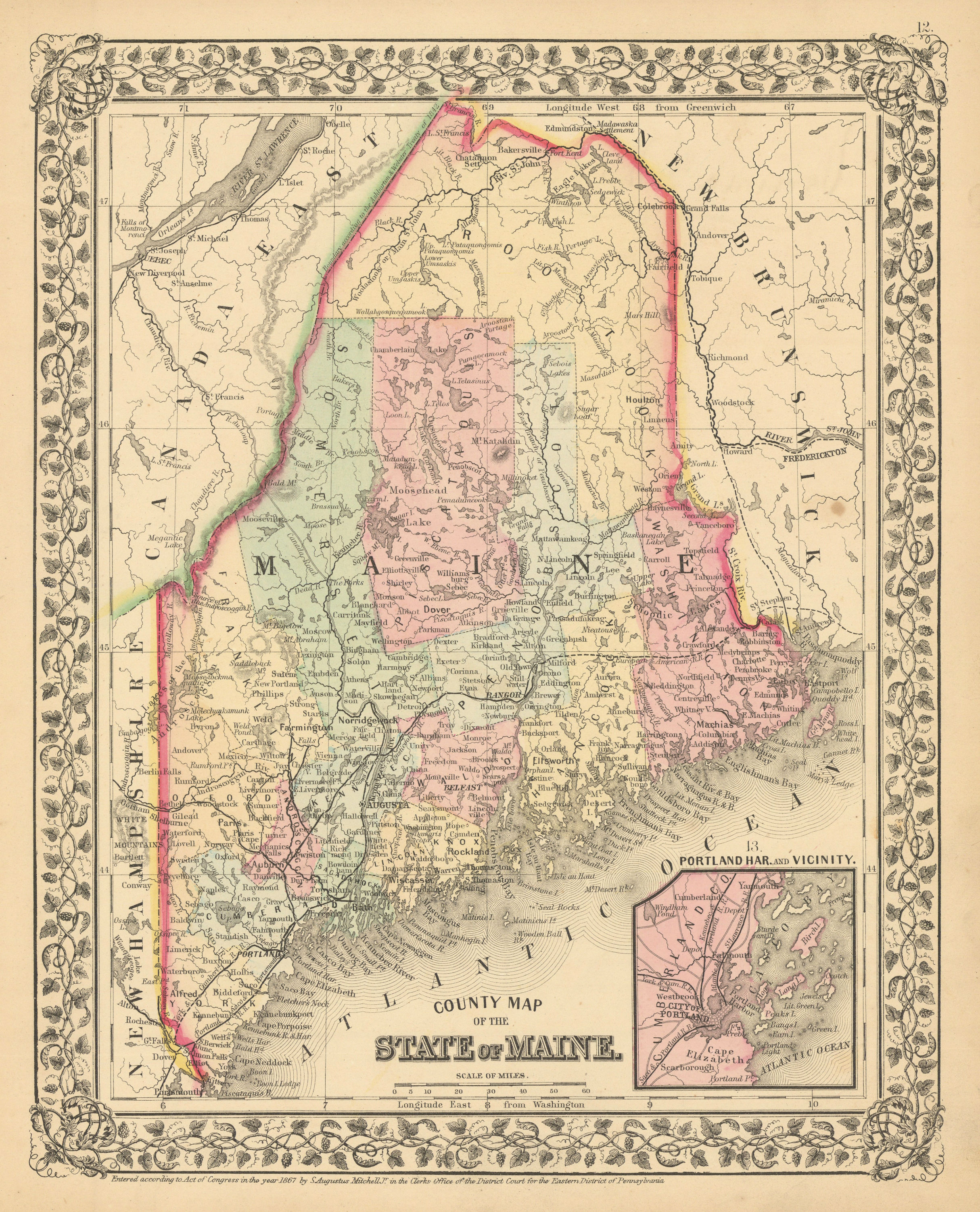 Associate Product County map of the State of Maine. S. Augustus Mitchell. Portland Harbor 1869