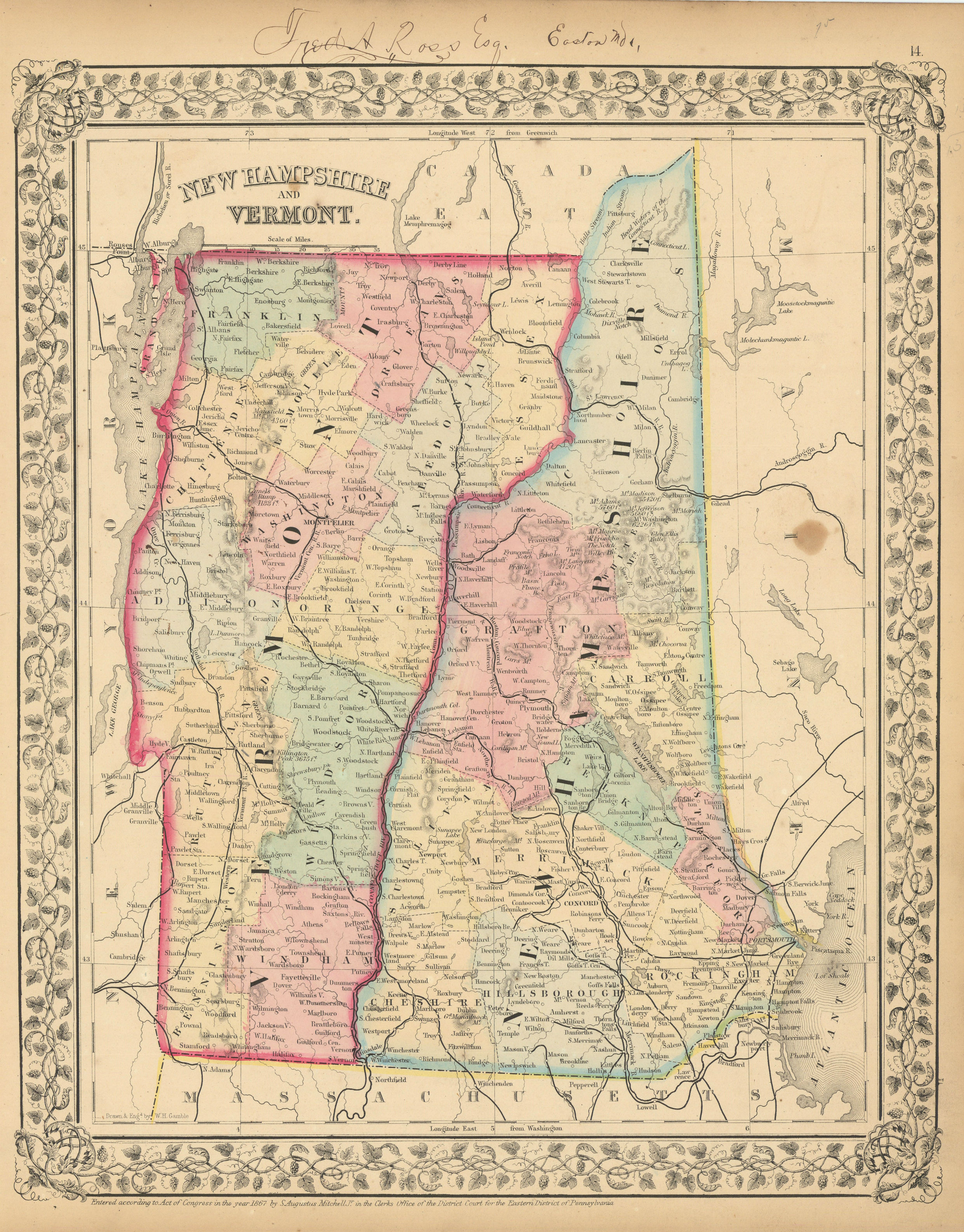 New Hampshire and Vermont State map in counties by S. Augustus Mitchell 1869
