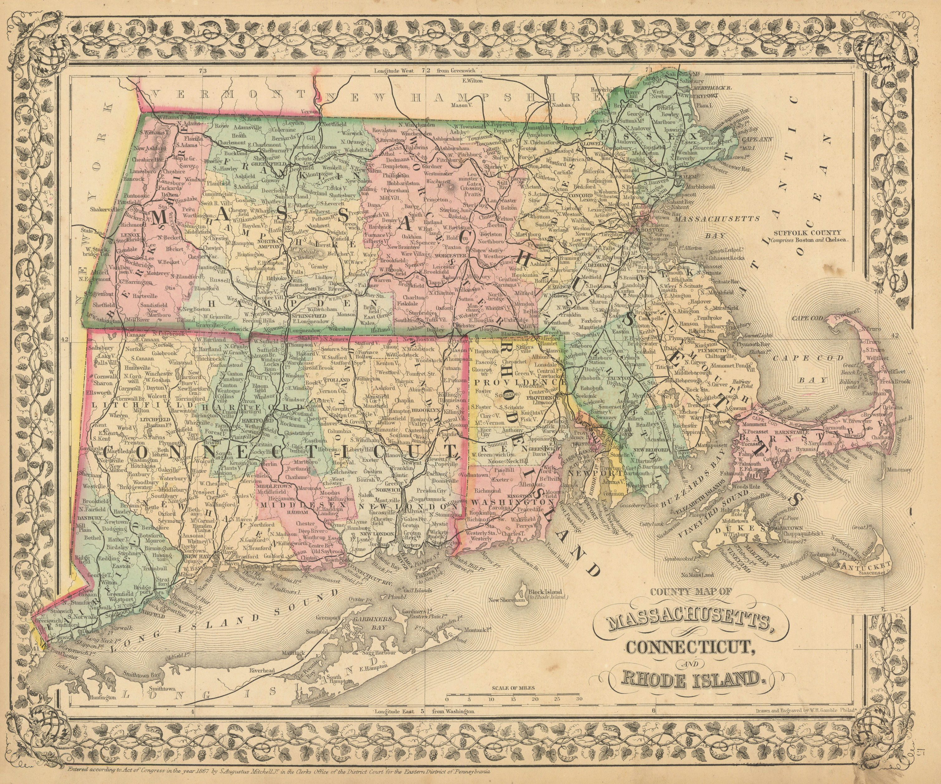 Associate Product County map of Massachusetts, Connecticut, and Rhode Island. MITCHELL 1869