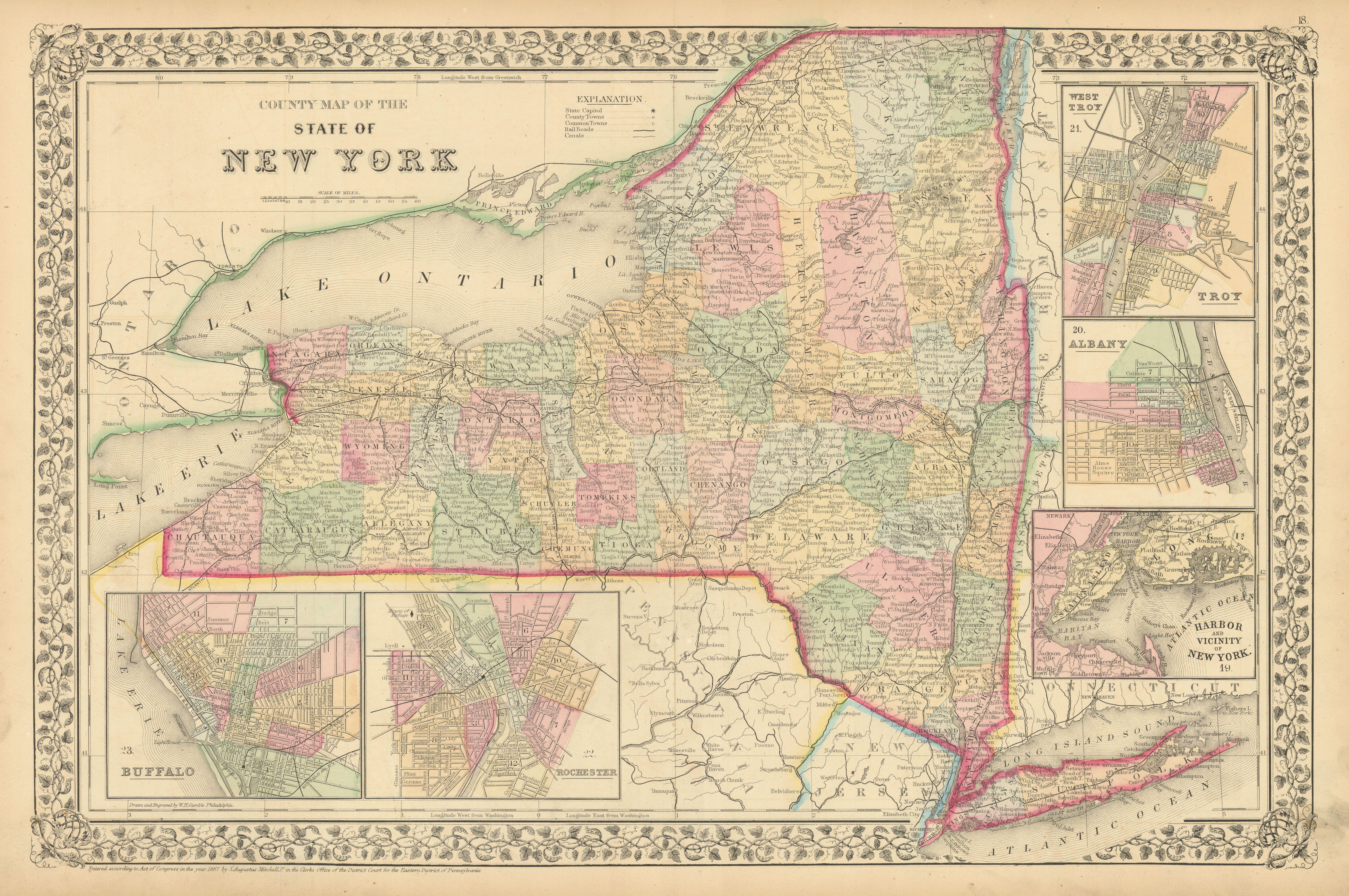 County map of the State of New York. Albany Troy Rochester Buffalo MITCHELL 1869