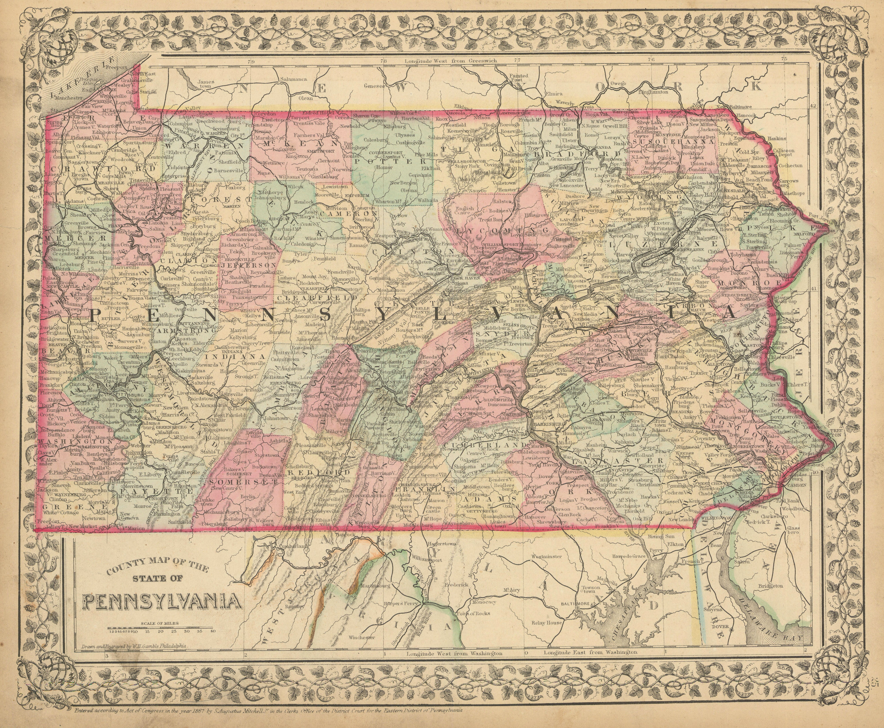 Associate Product County map of the State of Pennsylvania by Samuel Augustus Mitchell 1869