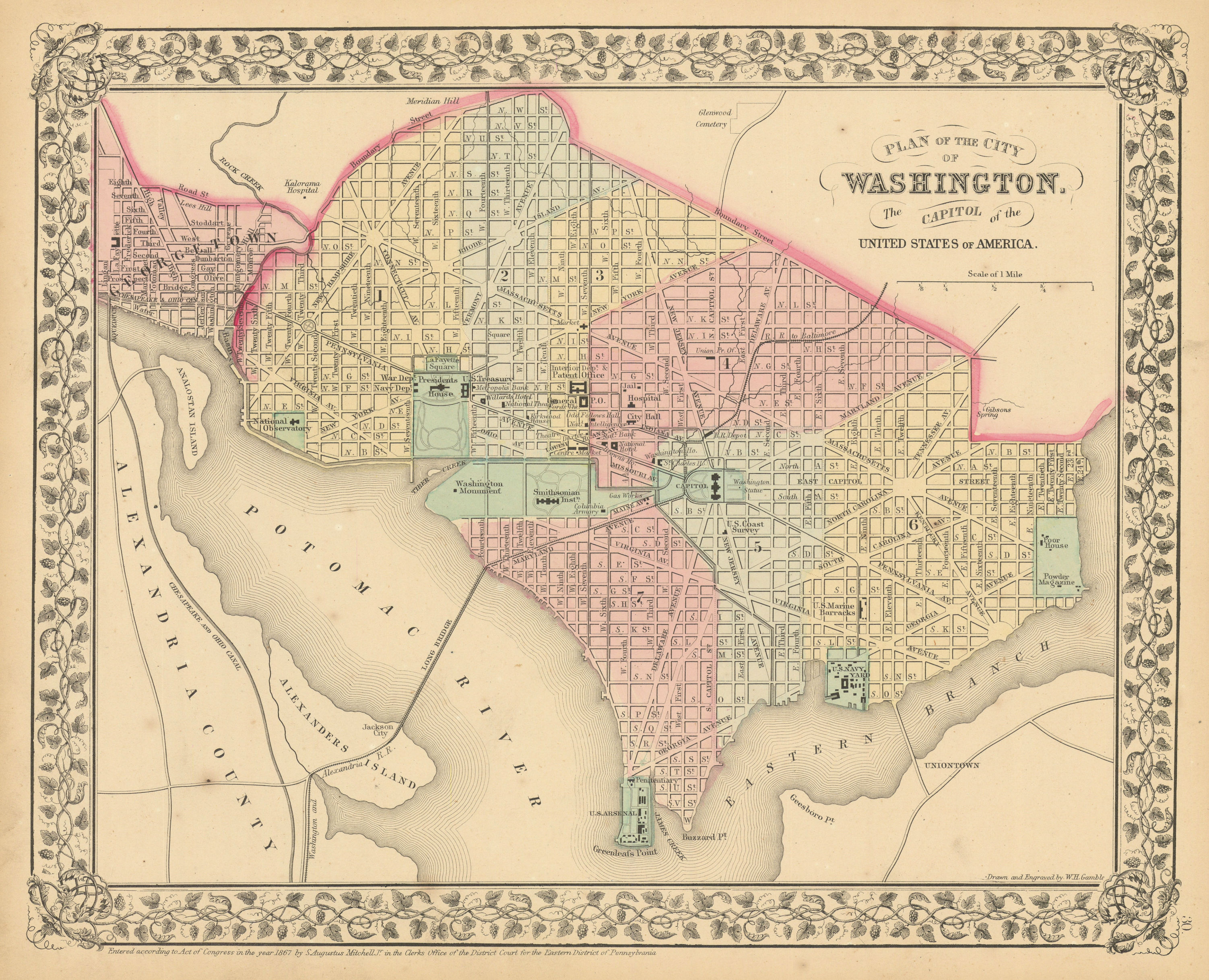 Plan of the City of Washington, the Capitol of the USA. MITCHELL 1869 old map