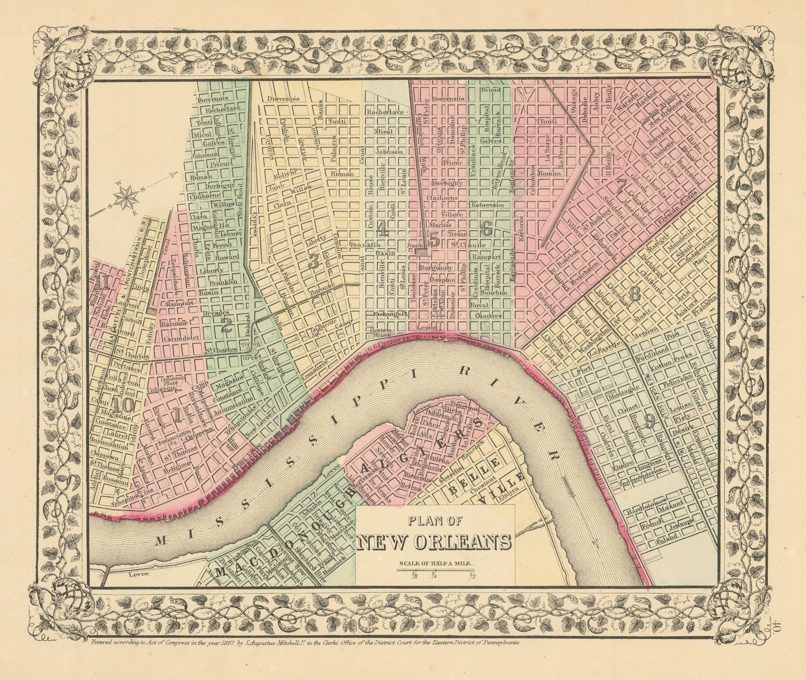 City "Plan of New Orleans" by Samuel Augustus Mitchell 1869 old antique map