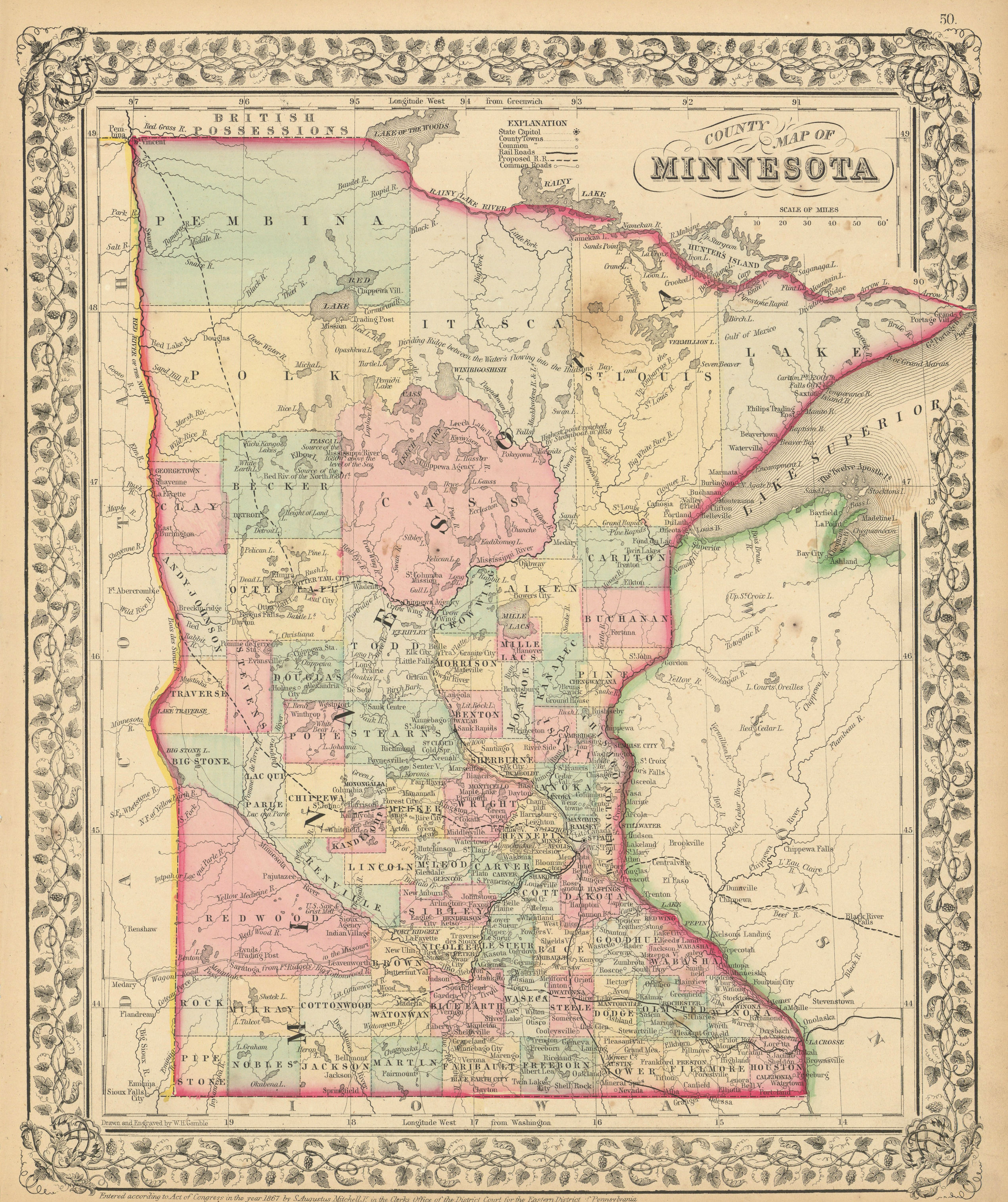 County map of Minnesota by Samuel Augustus Mitchell. State map 1869 old