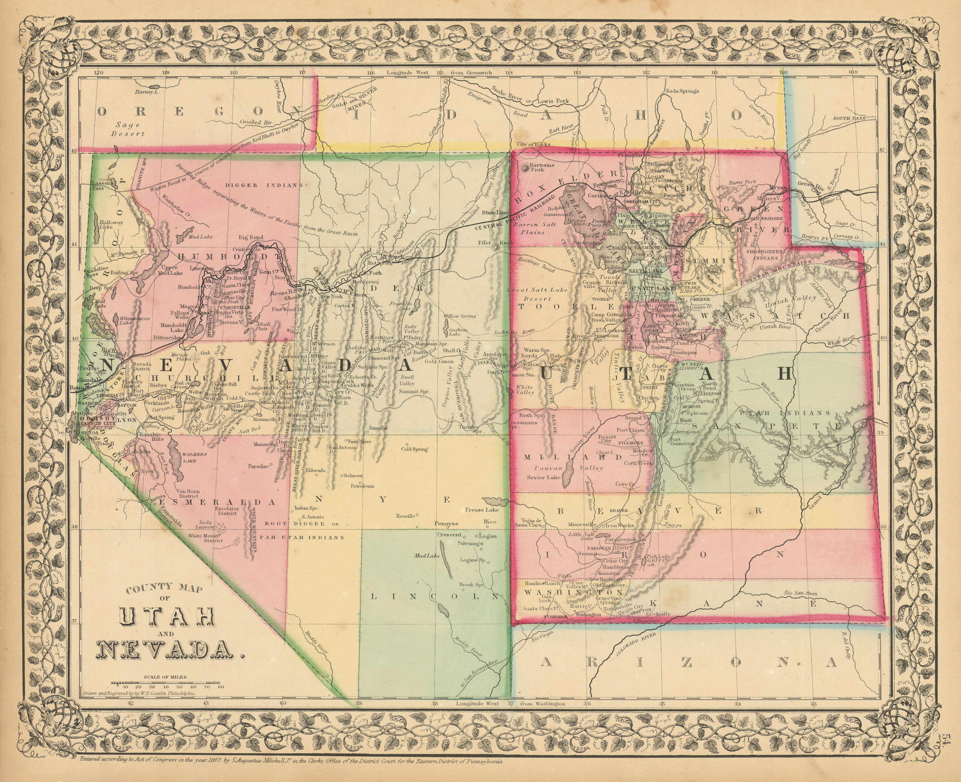 Associate Product County map of Utah and Nevada by Samuel Augustus Mitchell. State map 1869