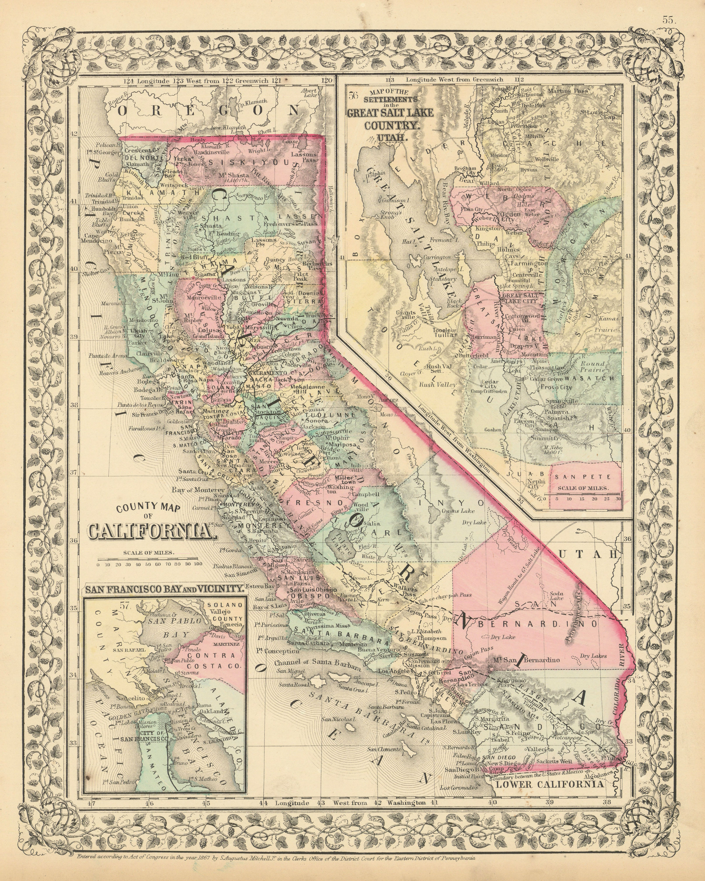 Associate Product County map of California. The Great Salt Lake Country, Utah. MITCHELL 1869