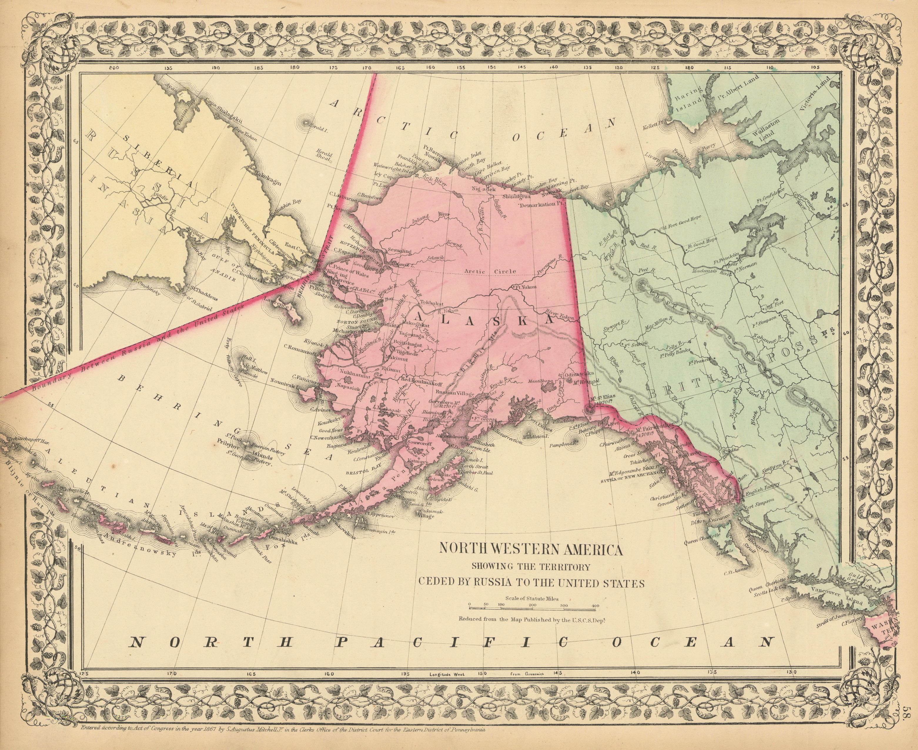 Associate Product Northwestern America showing… Territory ceded by Russia Alaska MITCHELL 1869 map