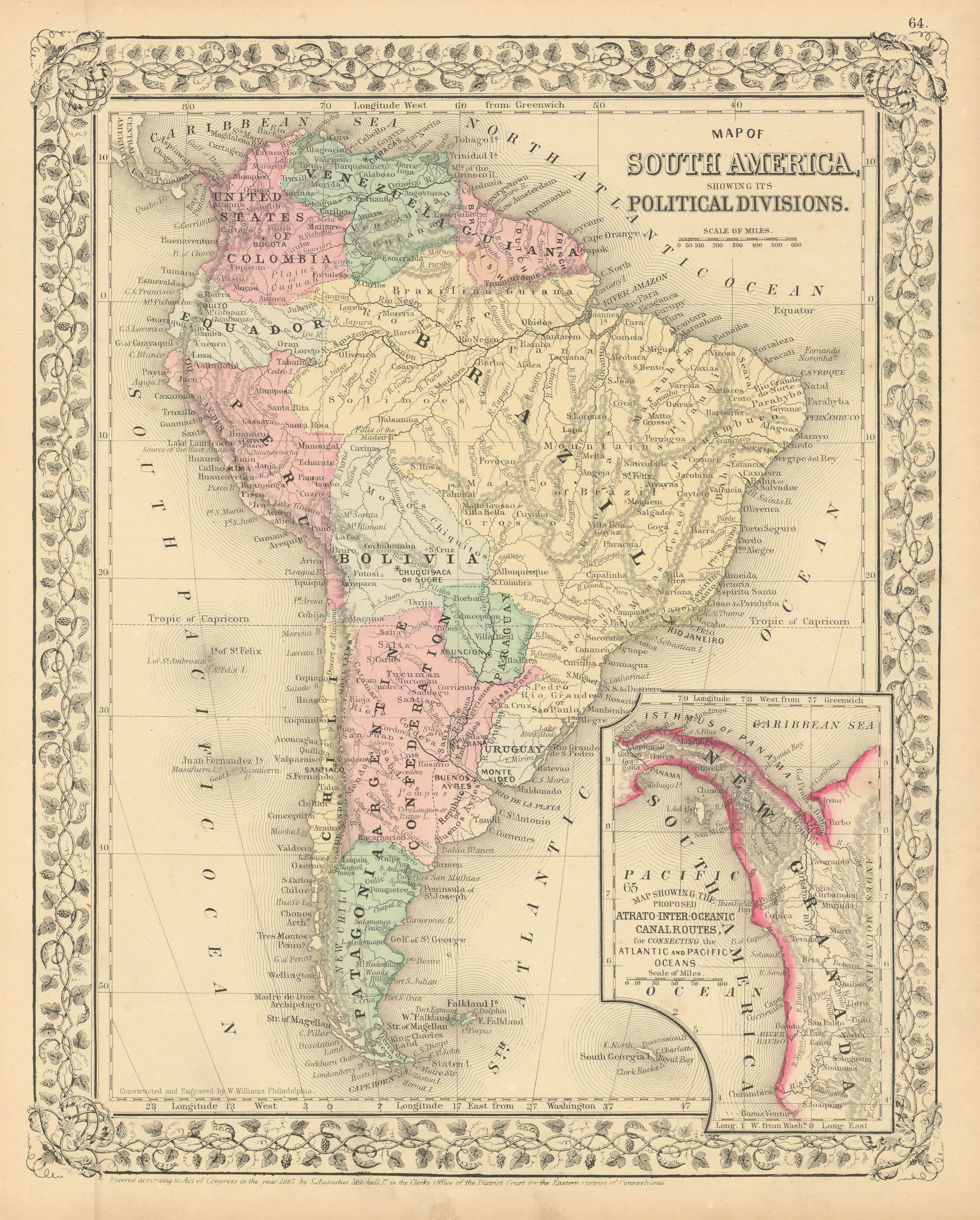 South America. Proposed Atrato-Inter-Oceanic Canal Routes. MITCHELL 1869 map