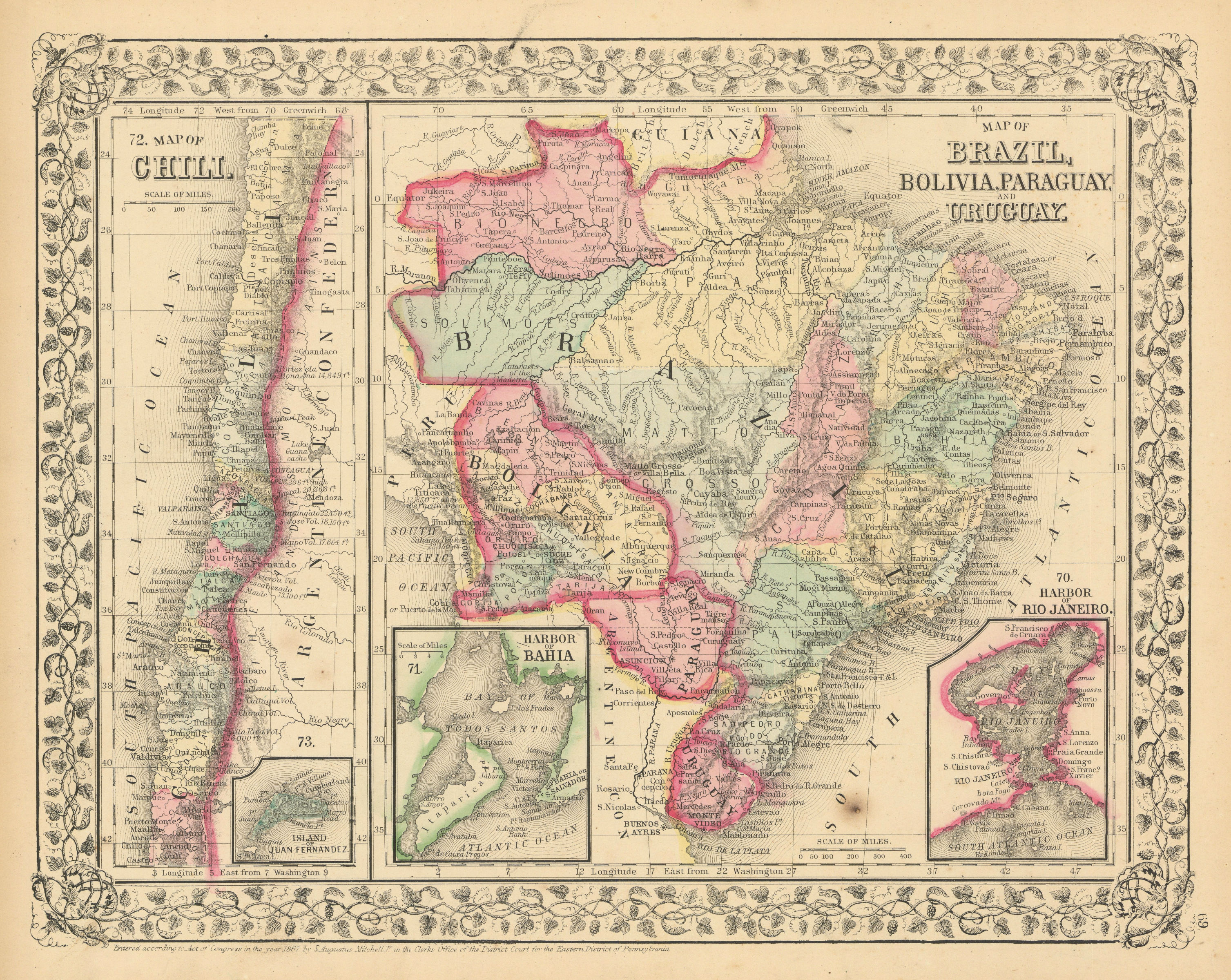 Brazil Bolivia Paraguay Uruguay Chile. Rio de Janeiro & Bahia. MITCHELL 1869 map