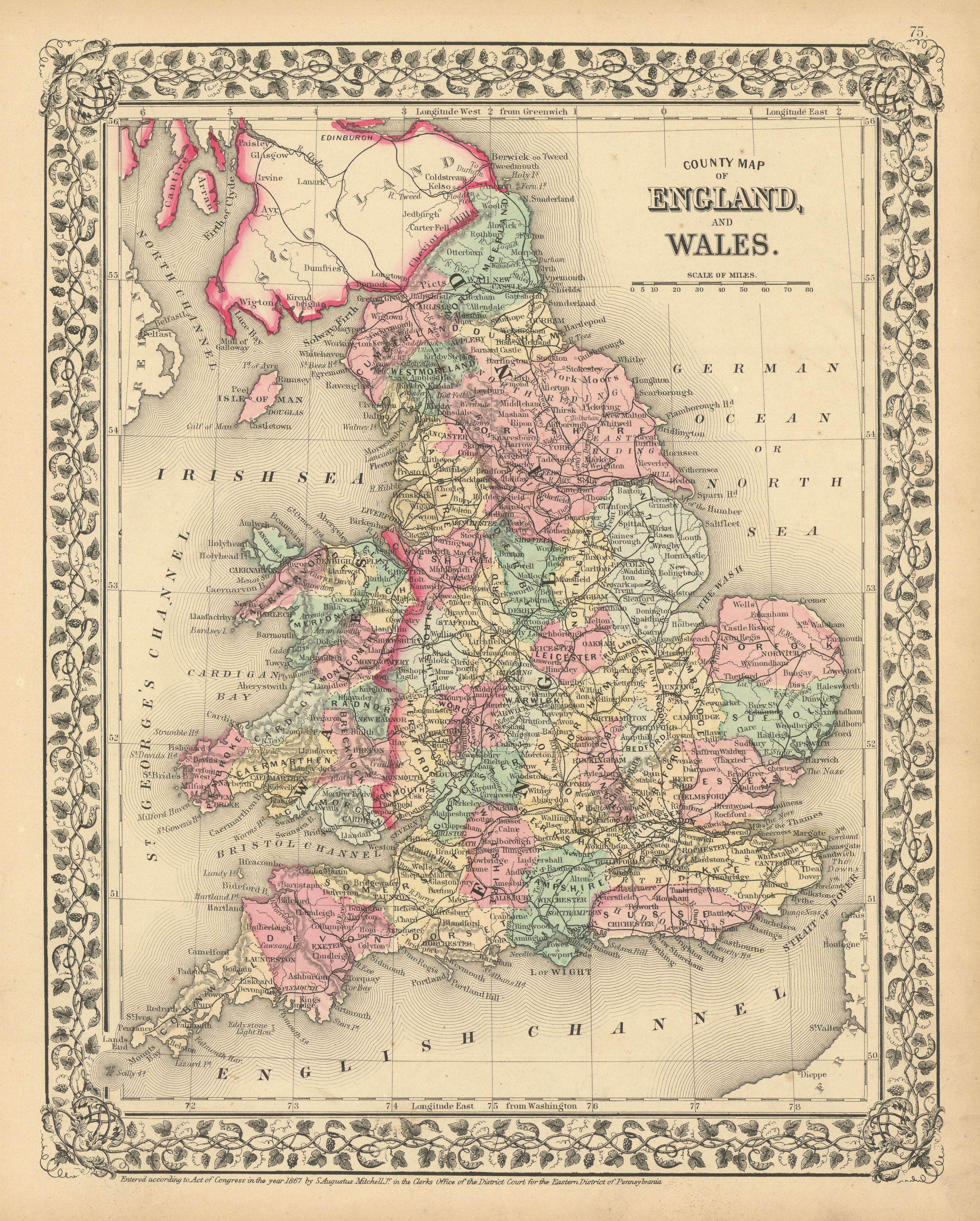 County map of England and Wales by Samuel Augustus Mitchell 1869 old