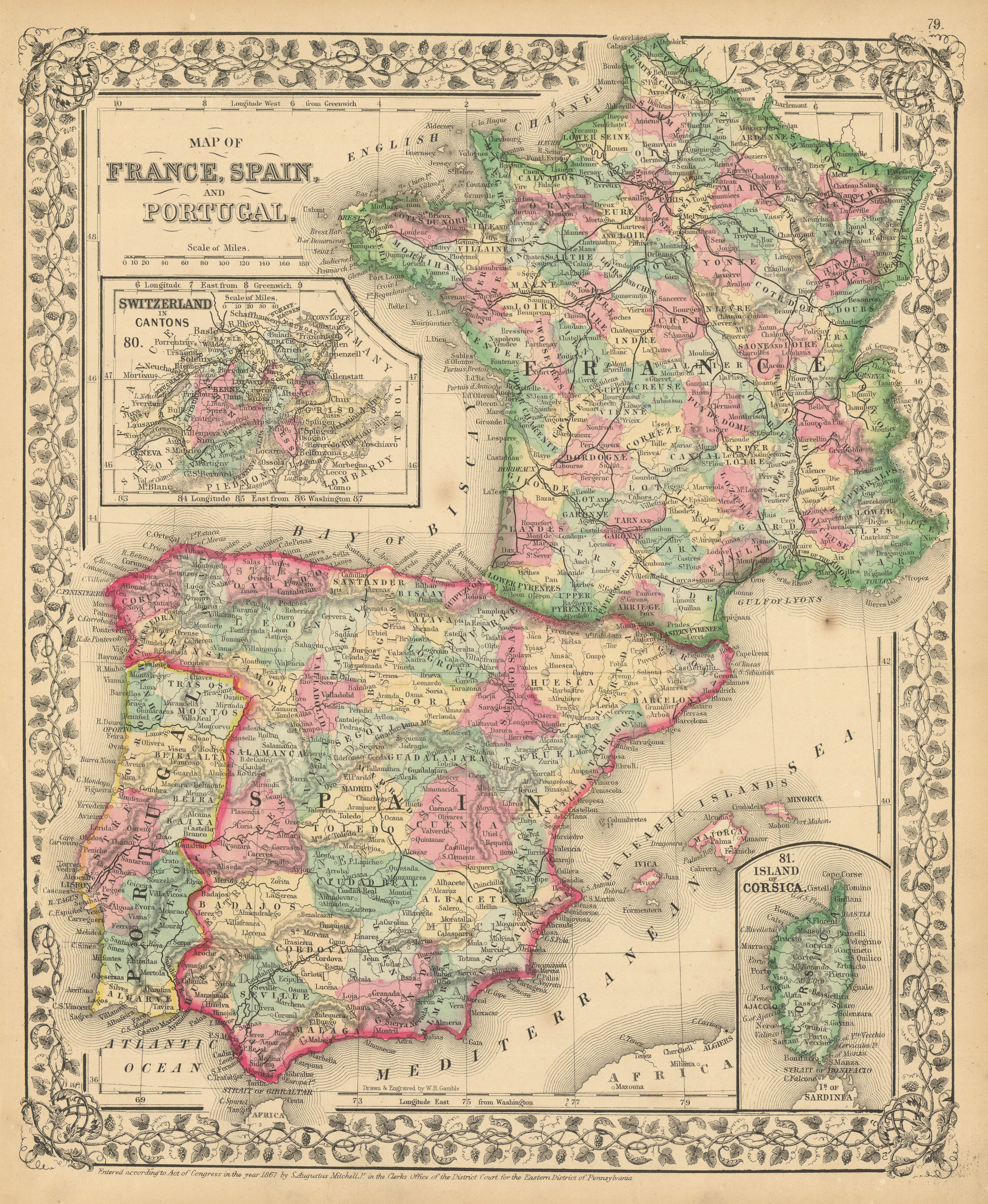 Map of France, Spain, and Portugal. Switzerland in Cantons. MITCHELL 1869