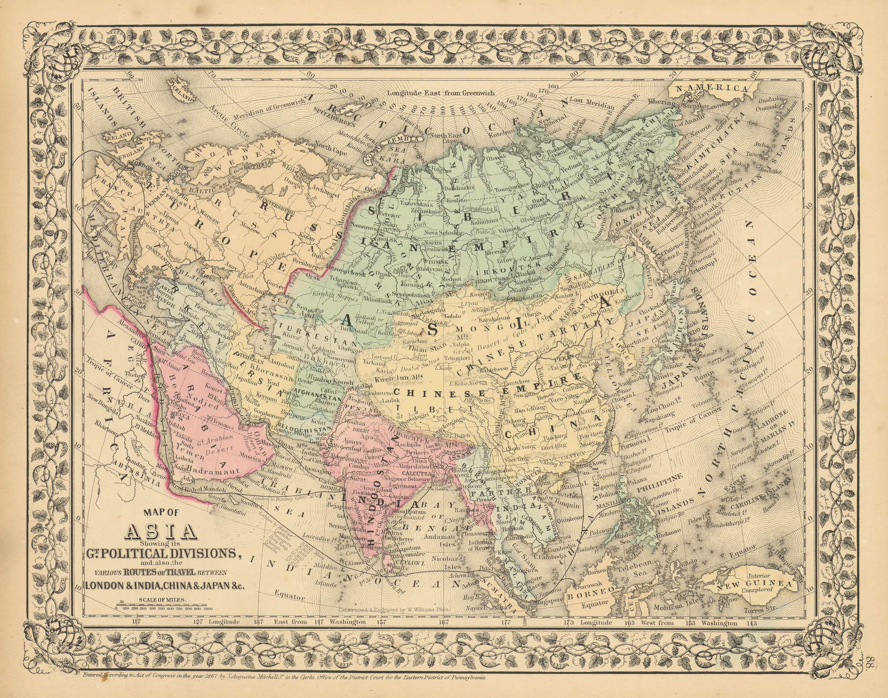 Asia showing… routes of travel between London & India, China… MITCHELL 1869 map