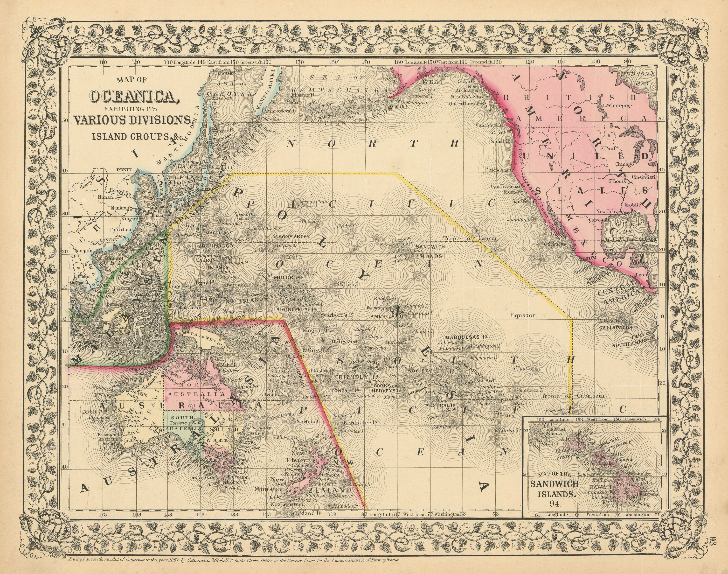 Oceanica exhibiting its various divisions… Pacific Hawaii. MITCHELL 1869 map