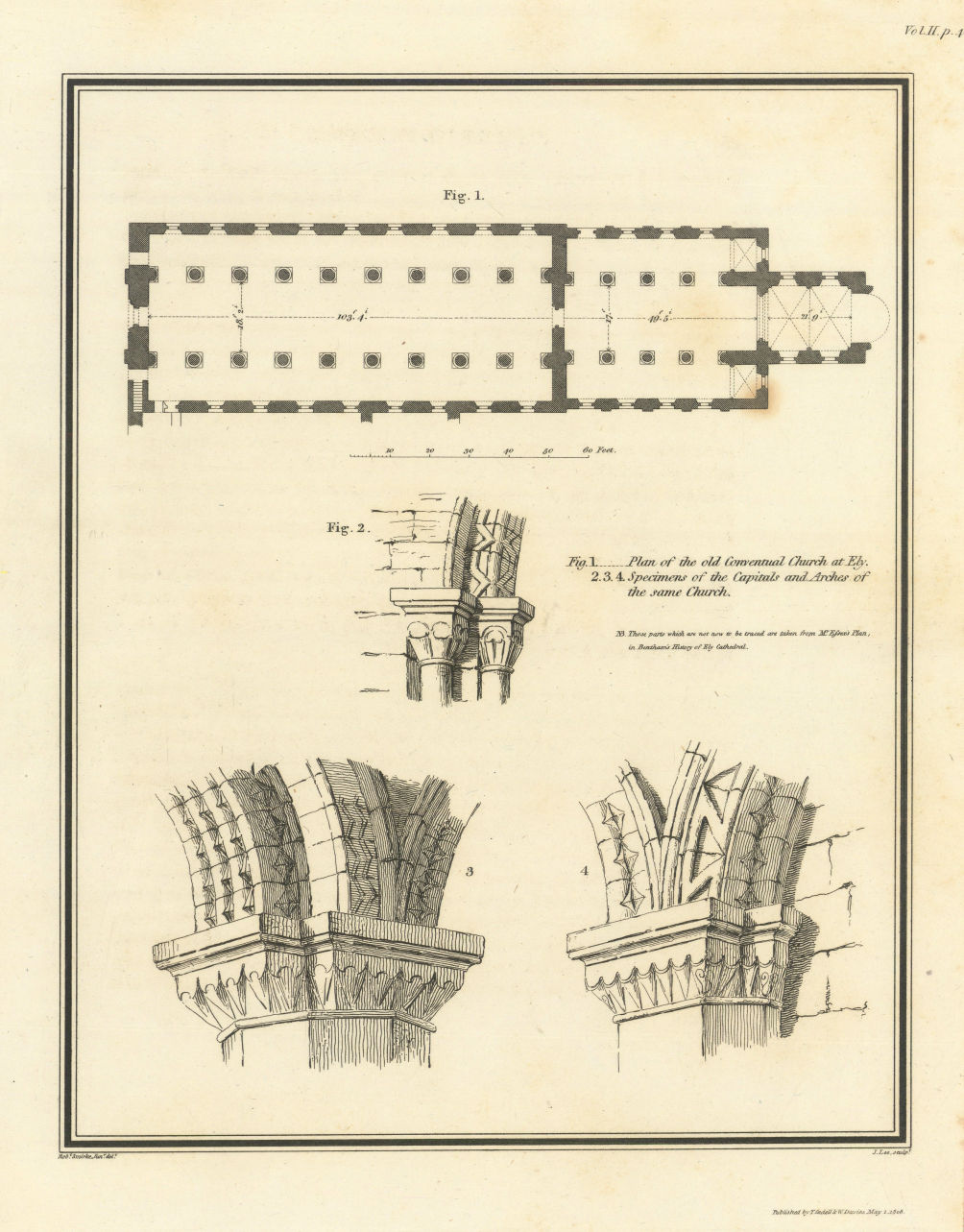 Plan of the ancient Conventual Church at Ely. Capitals & arches. SMIRKE 1810 map