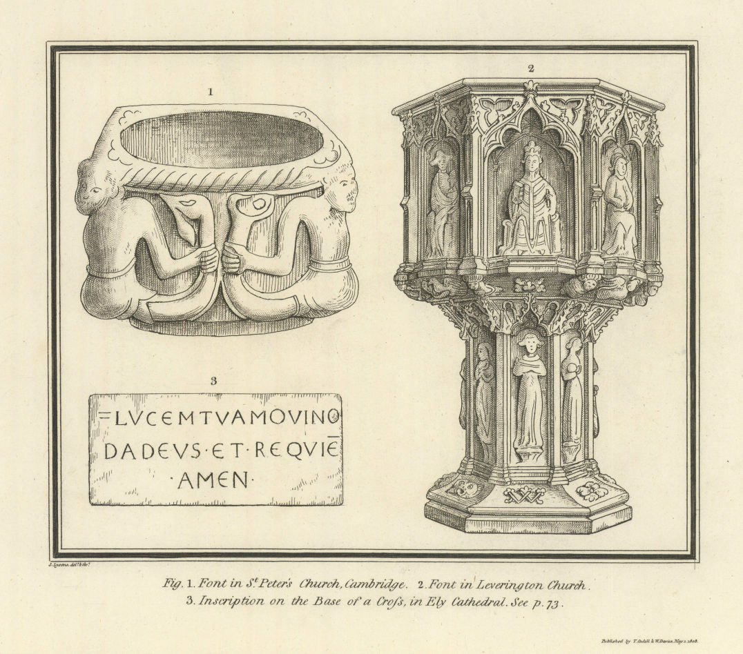 Fonts in St. Peter's Church, Cambridge & Leverington Church. LYSONS 1810 print