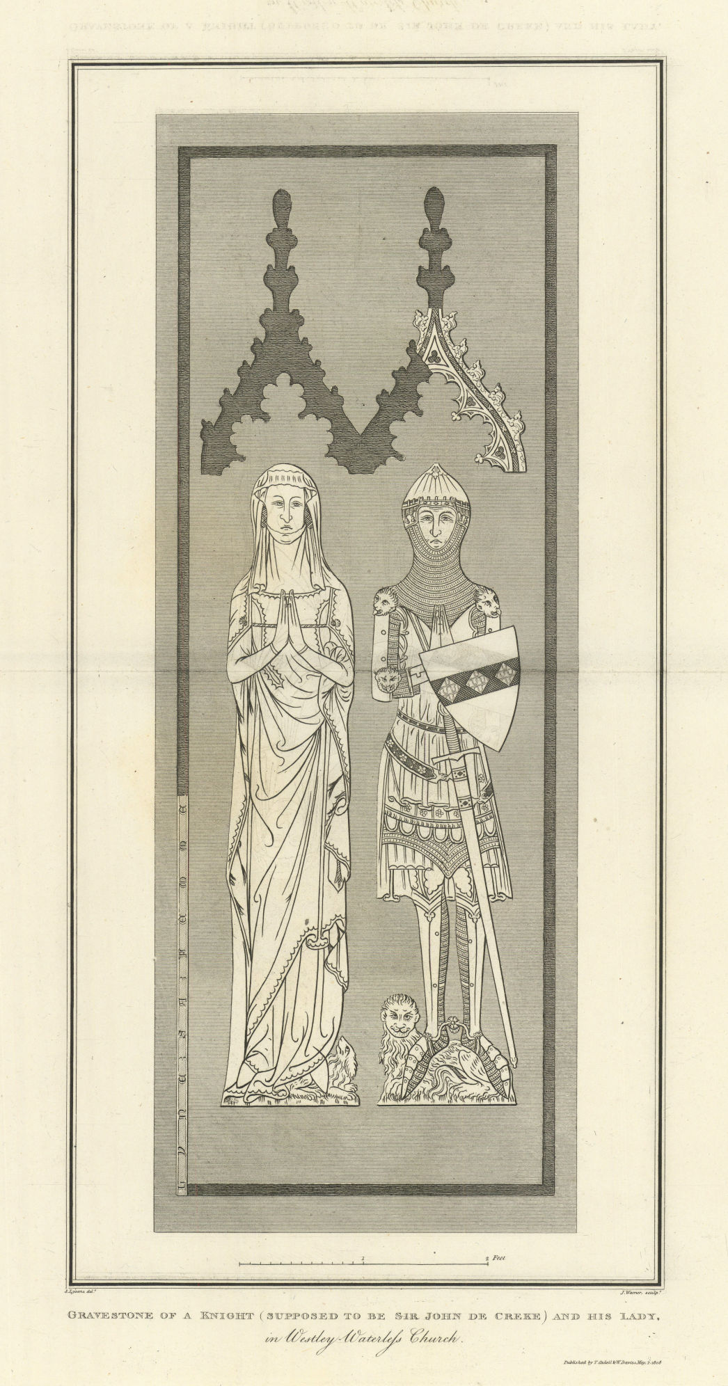 Associate Product Gravestone of Sir John de Creke, Westley Waterless Church. LYSONS 1810 print