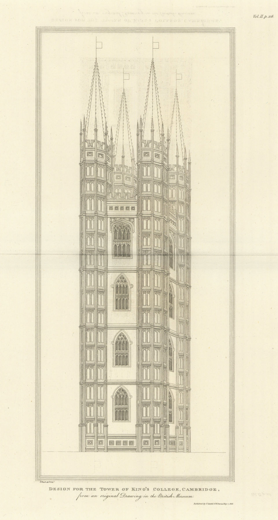 Design for Kings College Tower, Cambridge. NASH 1810 old antique print picture