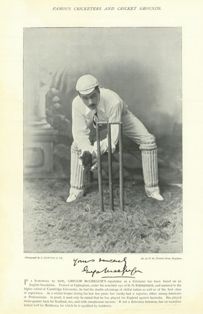 Gregor McGregor. Wicket-keeper. Middlesex cricketer 1895 old antique print