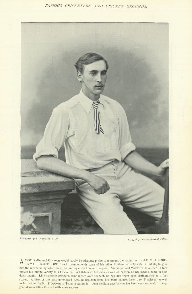 Francis Gilbertson Justice Ford. Alphabet. Middlesex cricketer 1895 old print