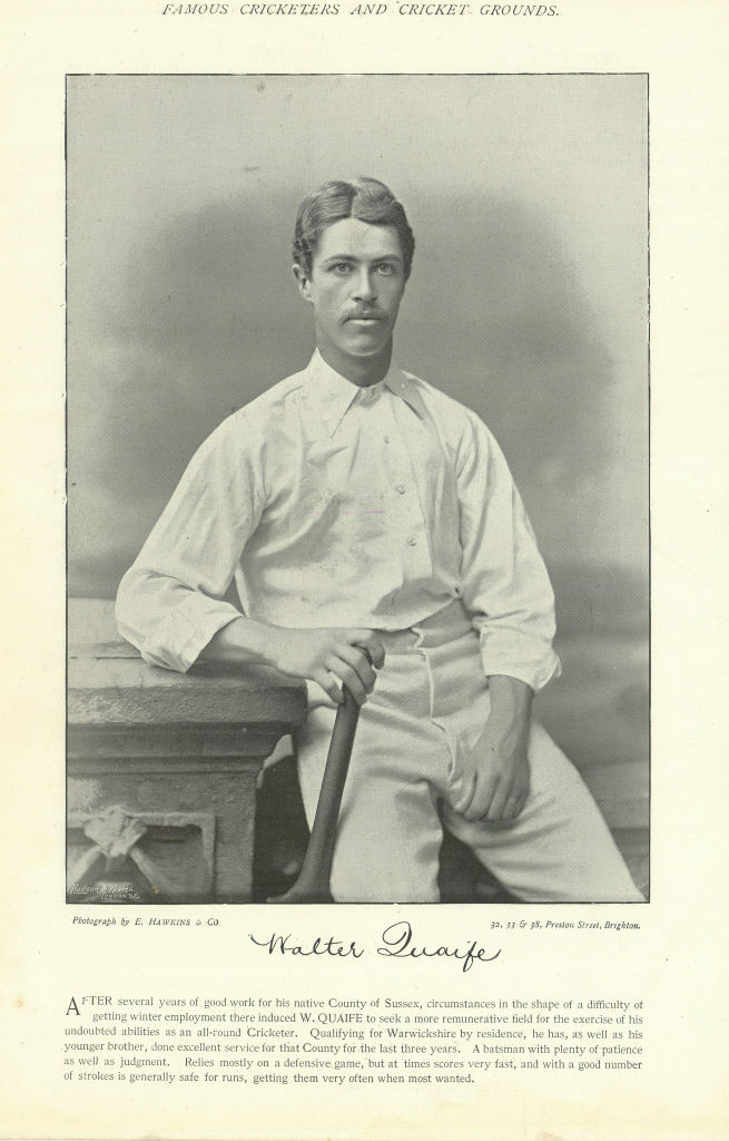 Walter Quaife. Batsman. Warwickshire cricketer 1895 old antique print picture