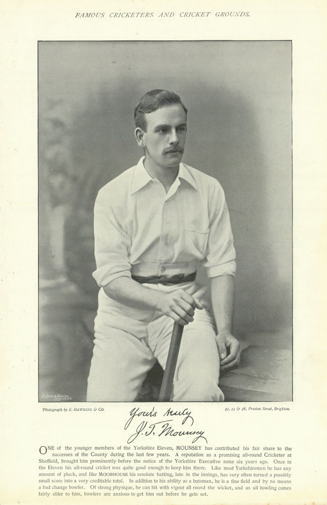 Joseph Thomas Mounsey. Batsman. Yorkshire cricketer 1895 old antique print